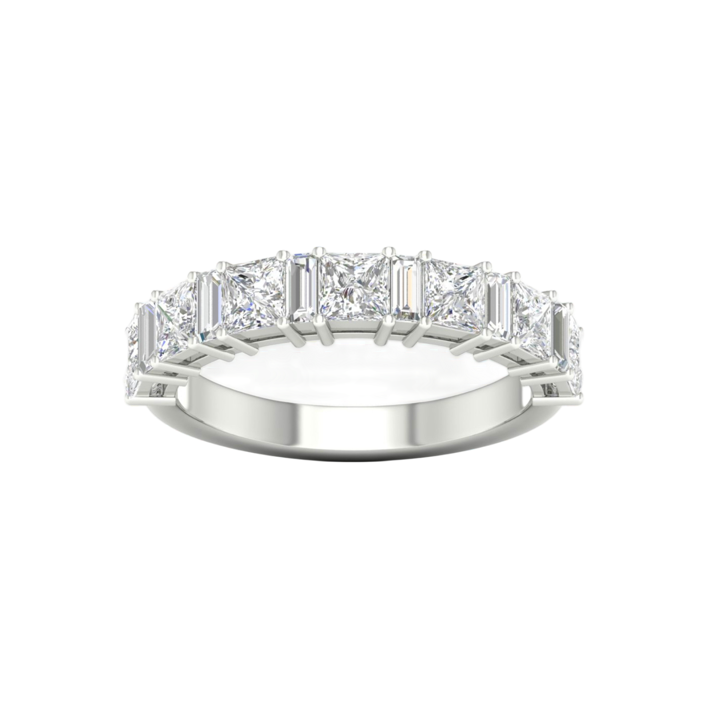 A top-down view of a 14K white gold eternity ring with a continuous line of horizontally-set emerald-cut diamonds.
