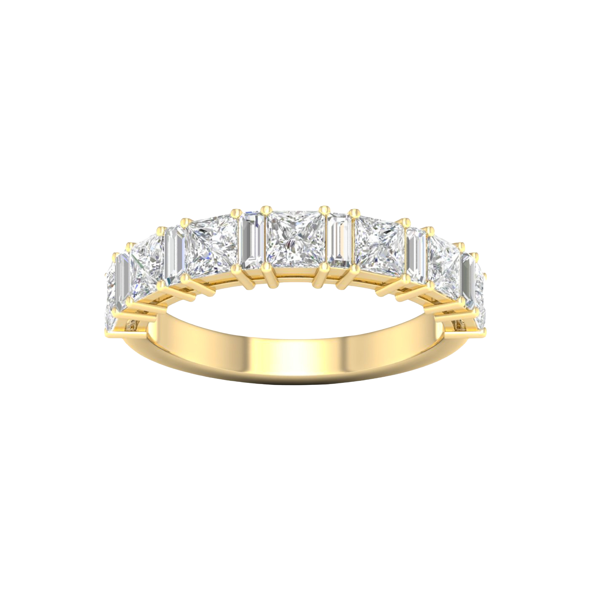 A top-down view of a 14K yellow gold eternity ring with a continuous line of horizontally-set emerald-cut diamonds.