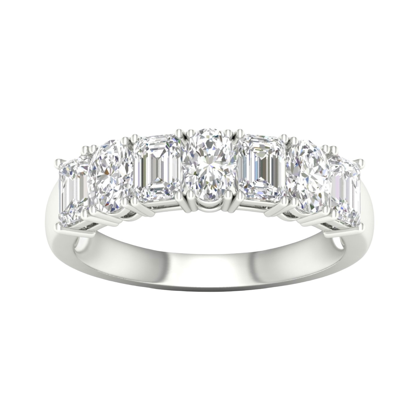 A top-down view of a 14K white gold eternity ring with a continuous line of bold, horizontally-set emerald-cut diamonds.