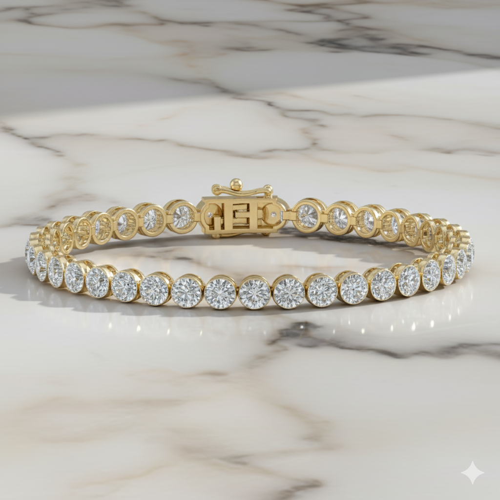 Clasped view of the ultimate luxury 14K yellow gold tennis chain (Evermore Bracelet) on a marble surface.