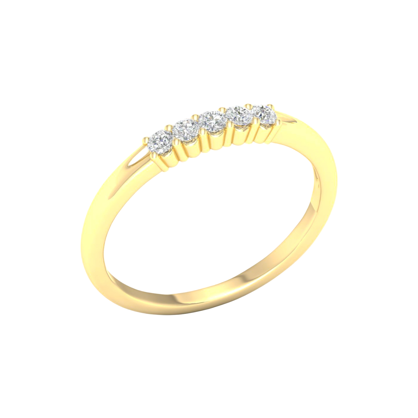 An angled view of Amorati Diamonds Starlight Ring. This ring is 10K yellow gold with five brilliant EF/VS lab grown diamonds in a shared prong setting.