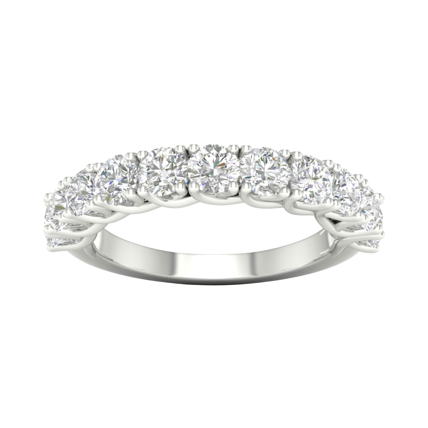 A top-down view of a 14K white gold eternity ring with a continuous line of horizontally-set pavé diamonds.