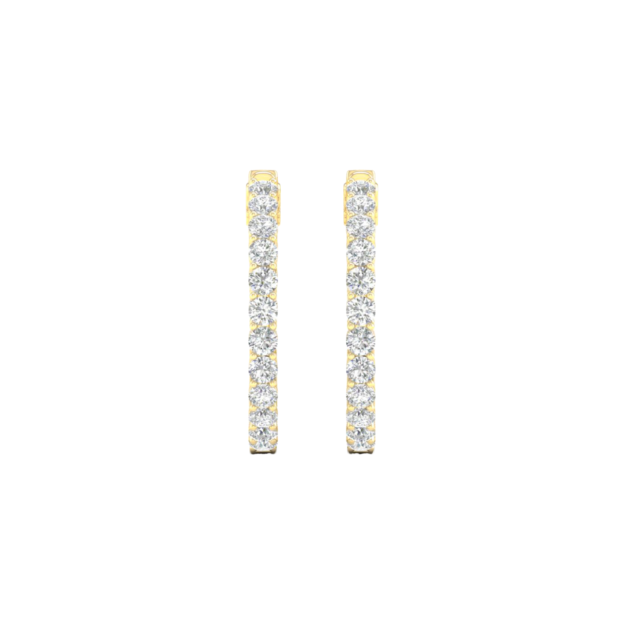 A pair of 14K yellow gold huggie hoops with a continuous line of brilliant diamonds on the outer circumference, shown from the front.