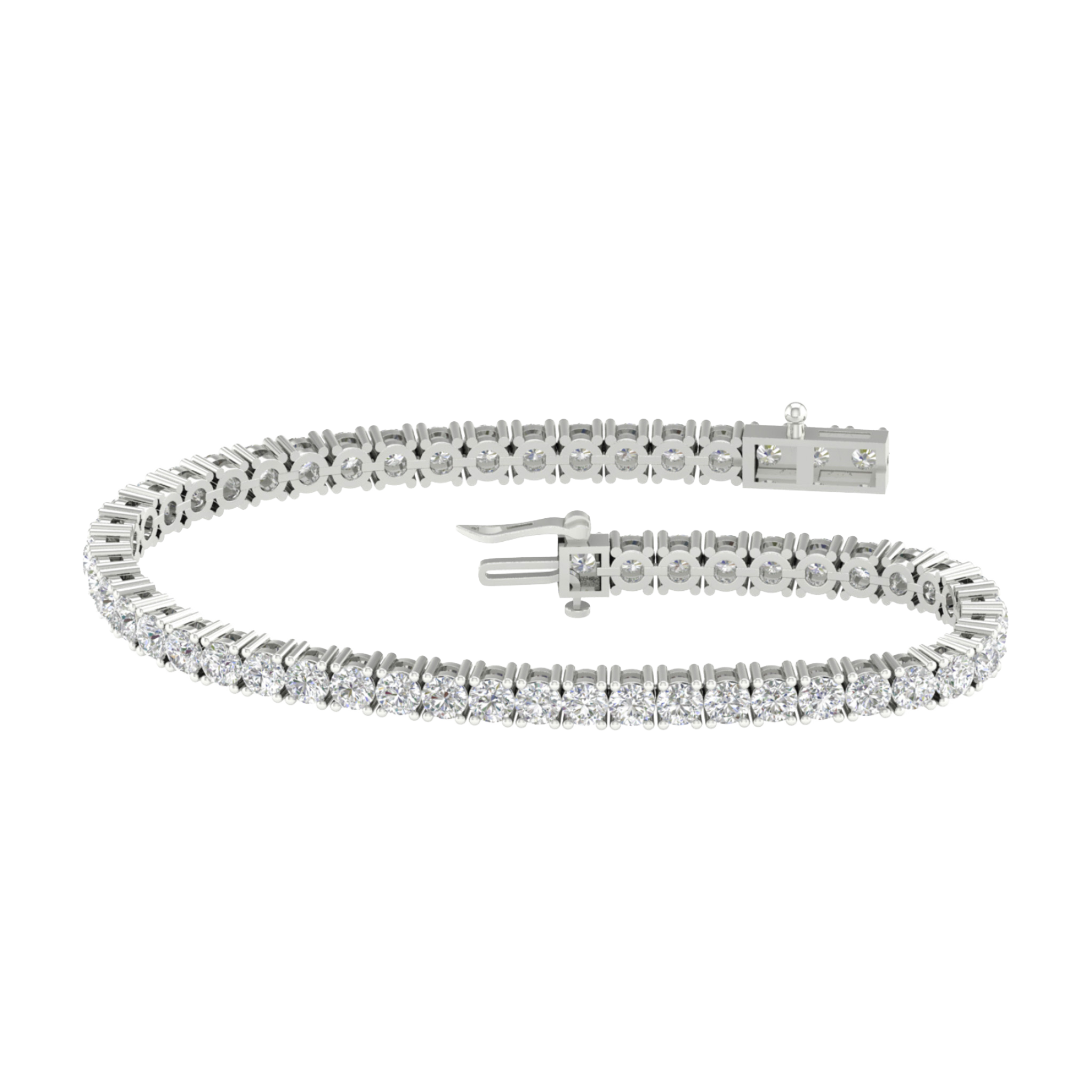 A full top-down view of a 14K white gold tennis bracelet, coiled to show the seamless, continuous line of round diamonds.