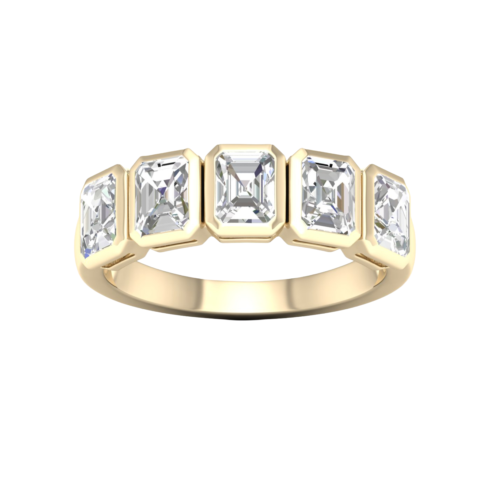 A top-down view of a 14K yellow gold ring with a series of horizontal, rectangular diamonds.