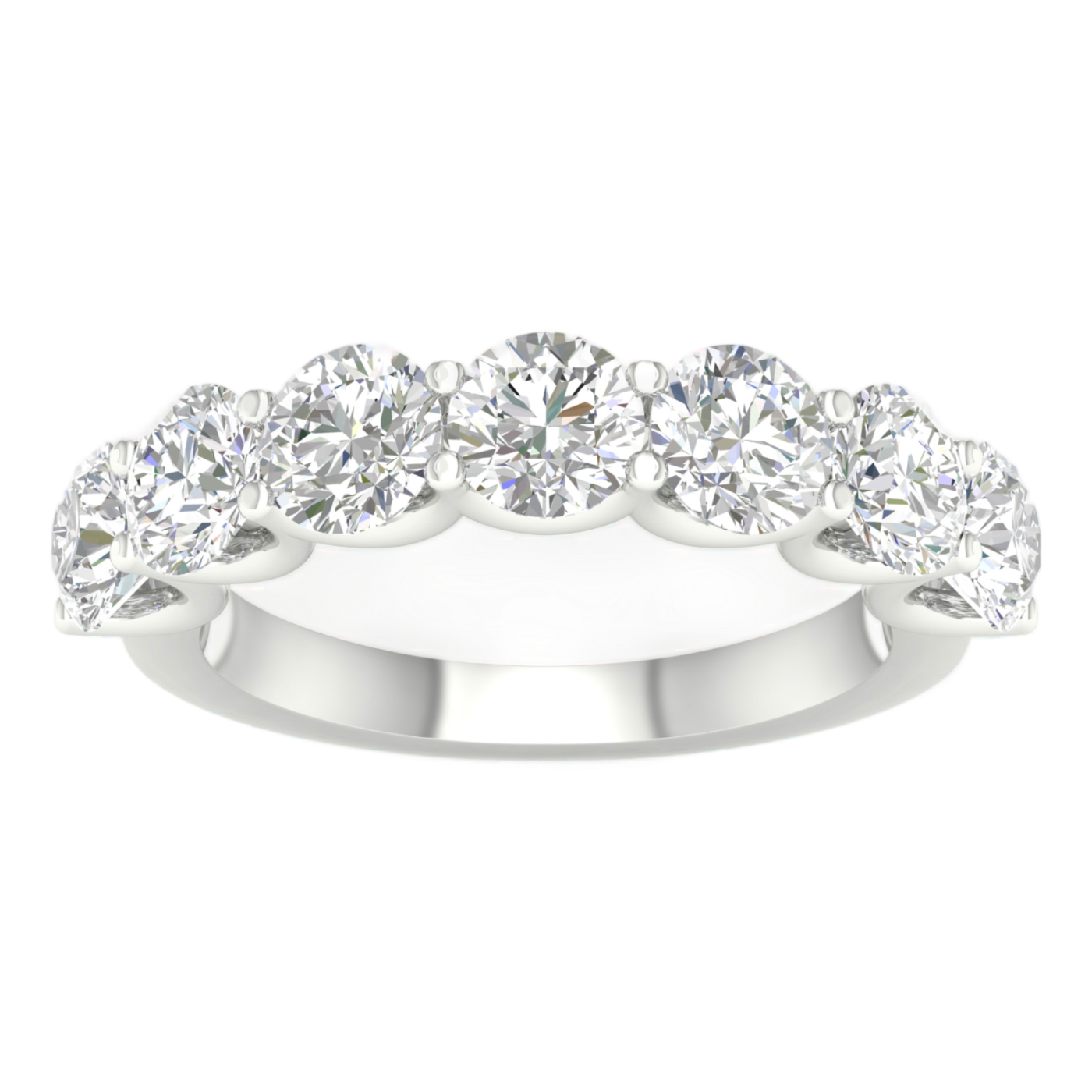 A top-down view of a 14K white gold ring with five brilliant, round-cut jewels set in a graceful, ascending curve.