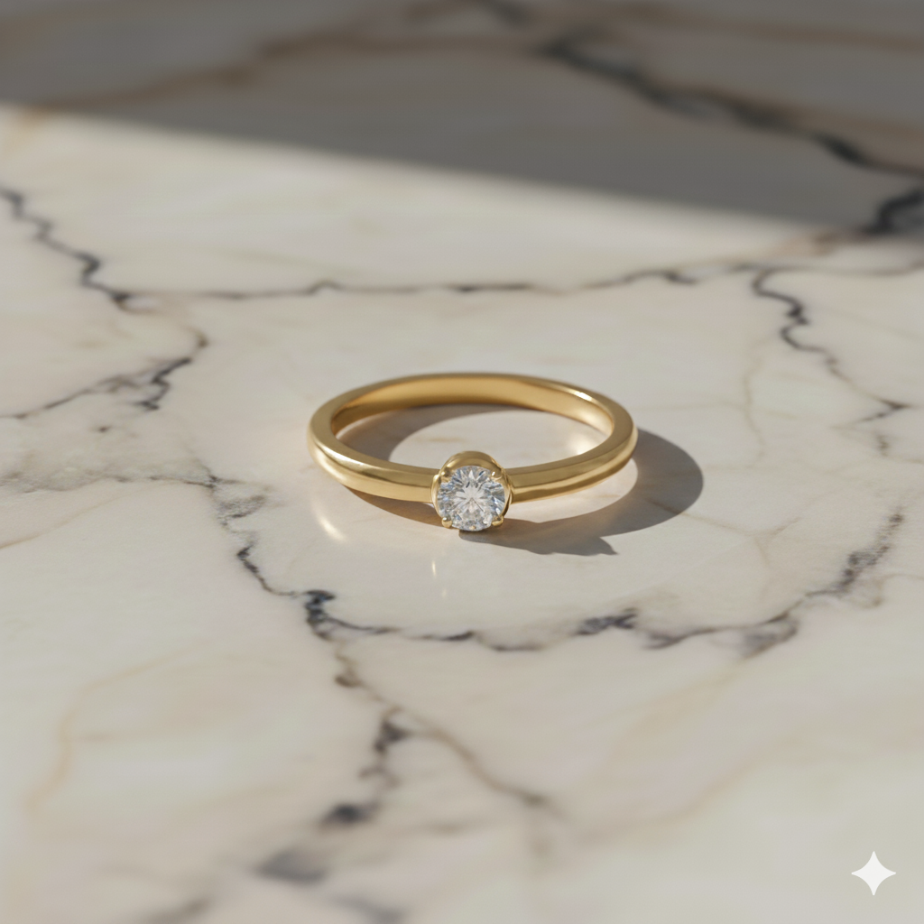 A top-down view of a 14K yellow gold ring with a round diamond and a pavé halo on a marble background.