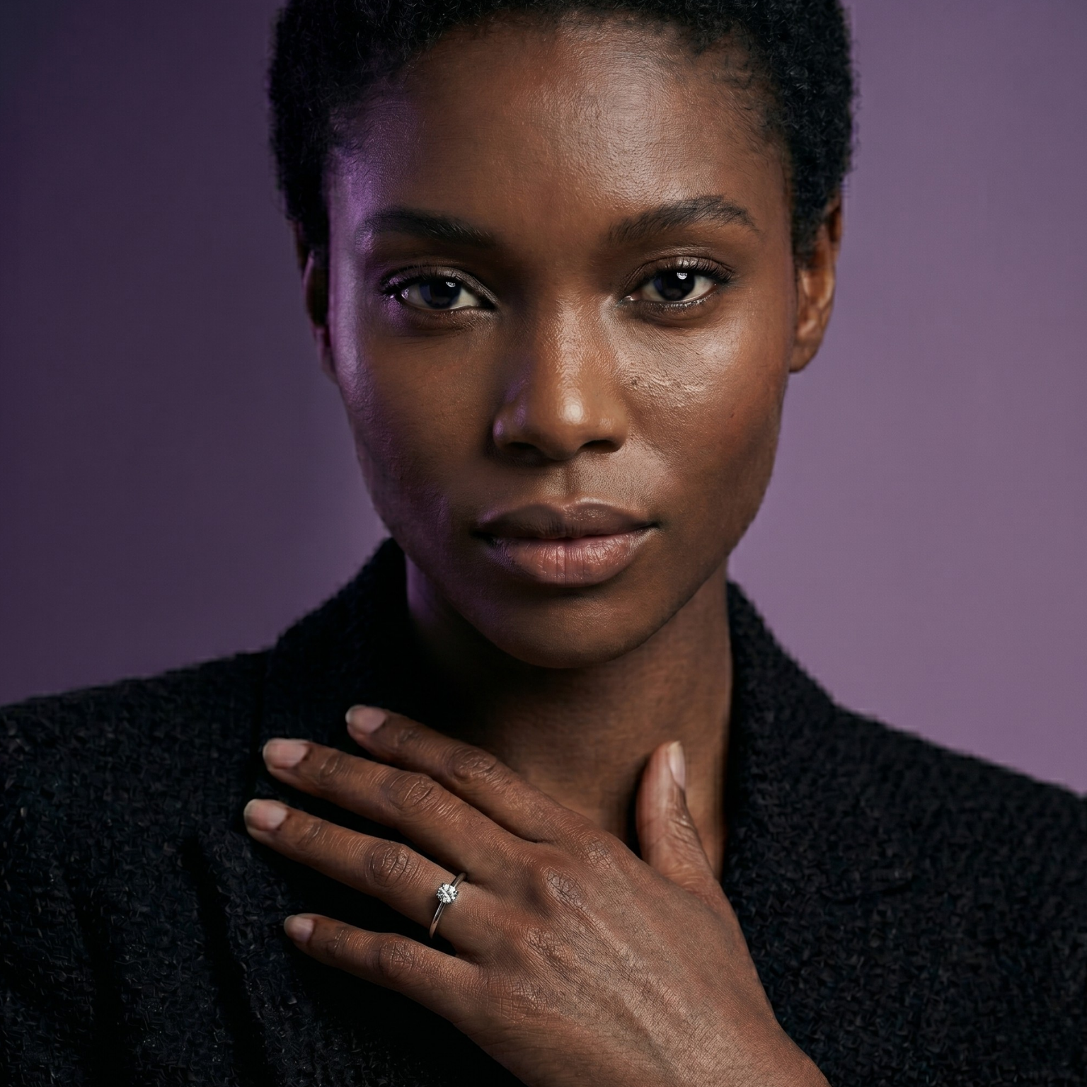 Close-up portrait of a Black woman displaying a round brilliant-cut solitaire diamond ring on her left hand. She is wearing a textured black blazer against a moody purple background.