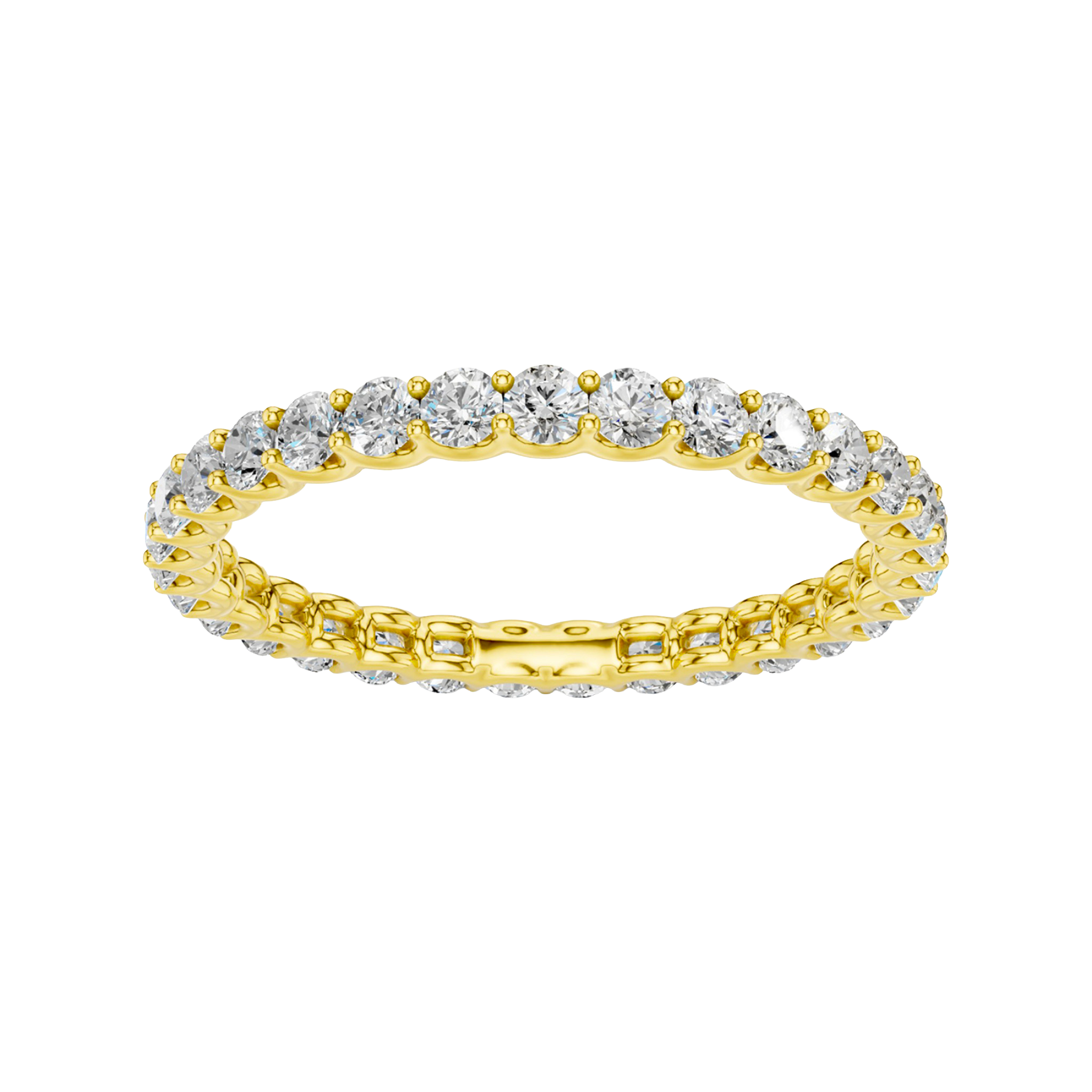 A top-down view of a 14K yellow gold eternity band with a continuous line of brilliant round jewels.