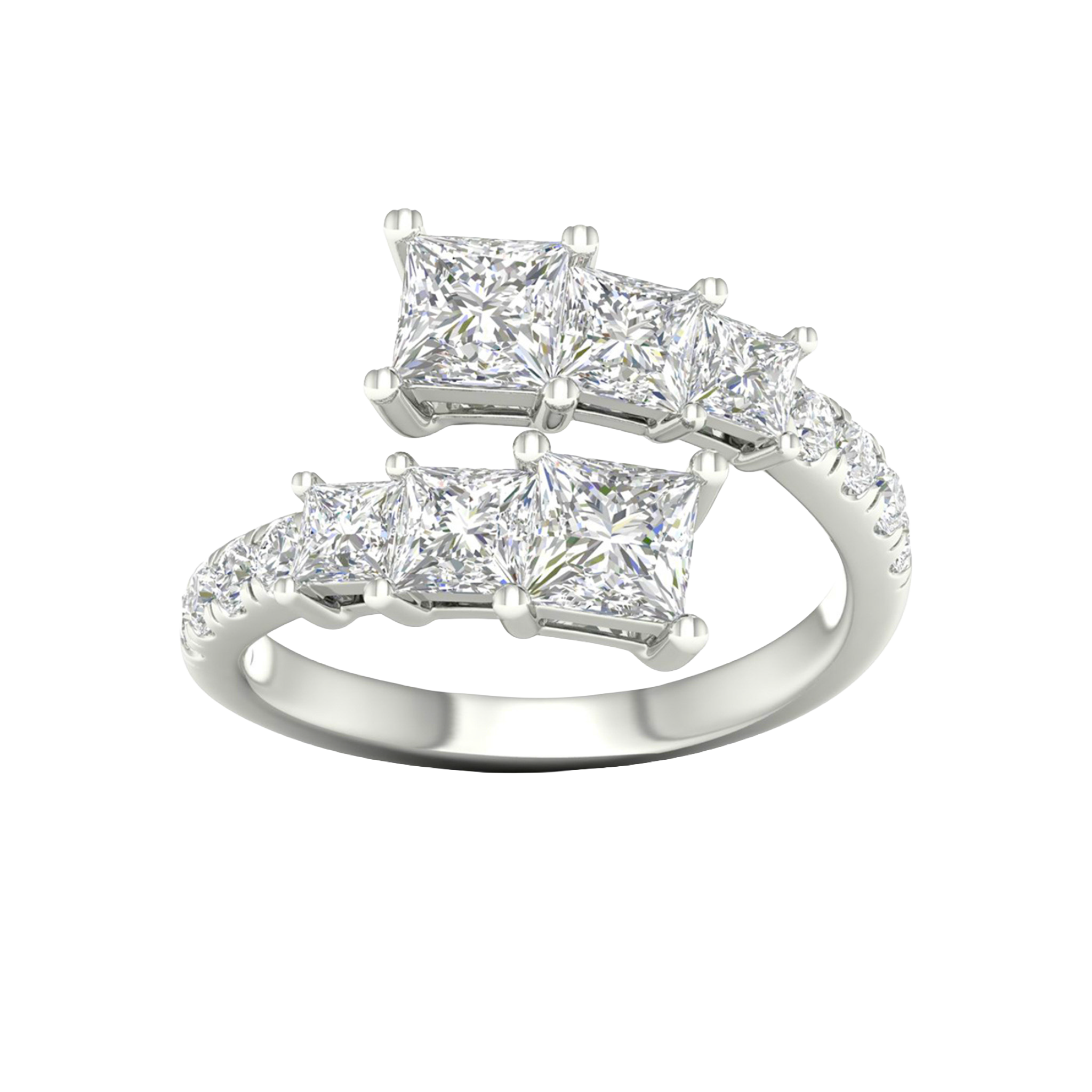 A top-down view of a 14K white gold ring with an asymmetrical cluster of princess-cut and baguette diamonds.