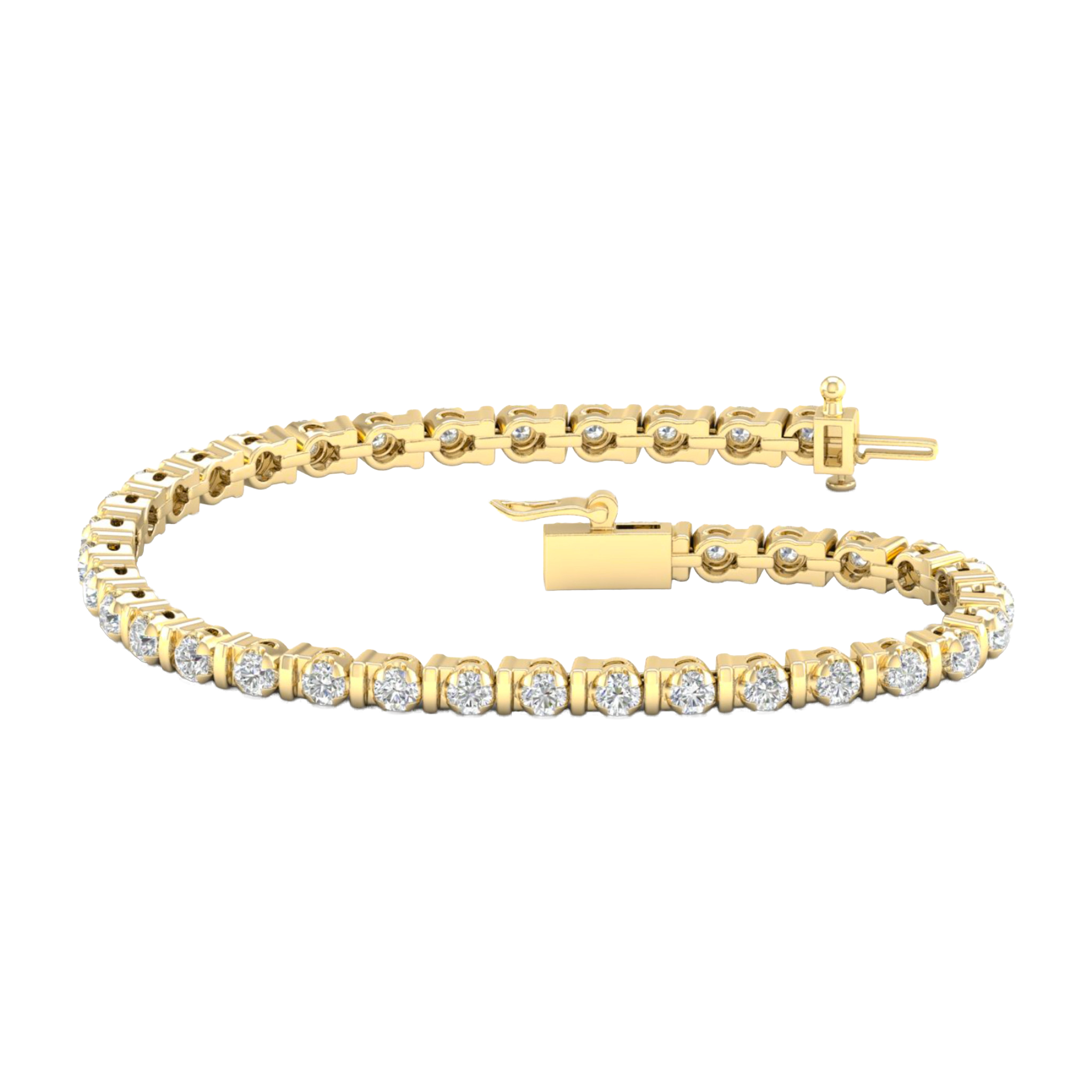 A full top-down view of a 14K yellow gold tennis bracelet, coiled to show the seamless path of framed round diamonds.