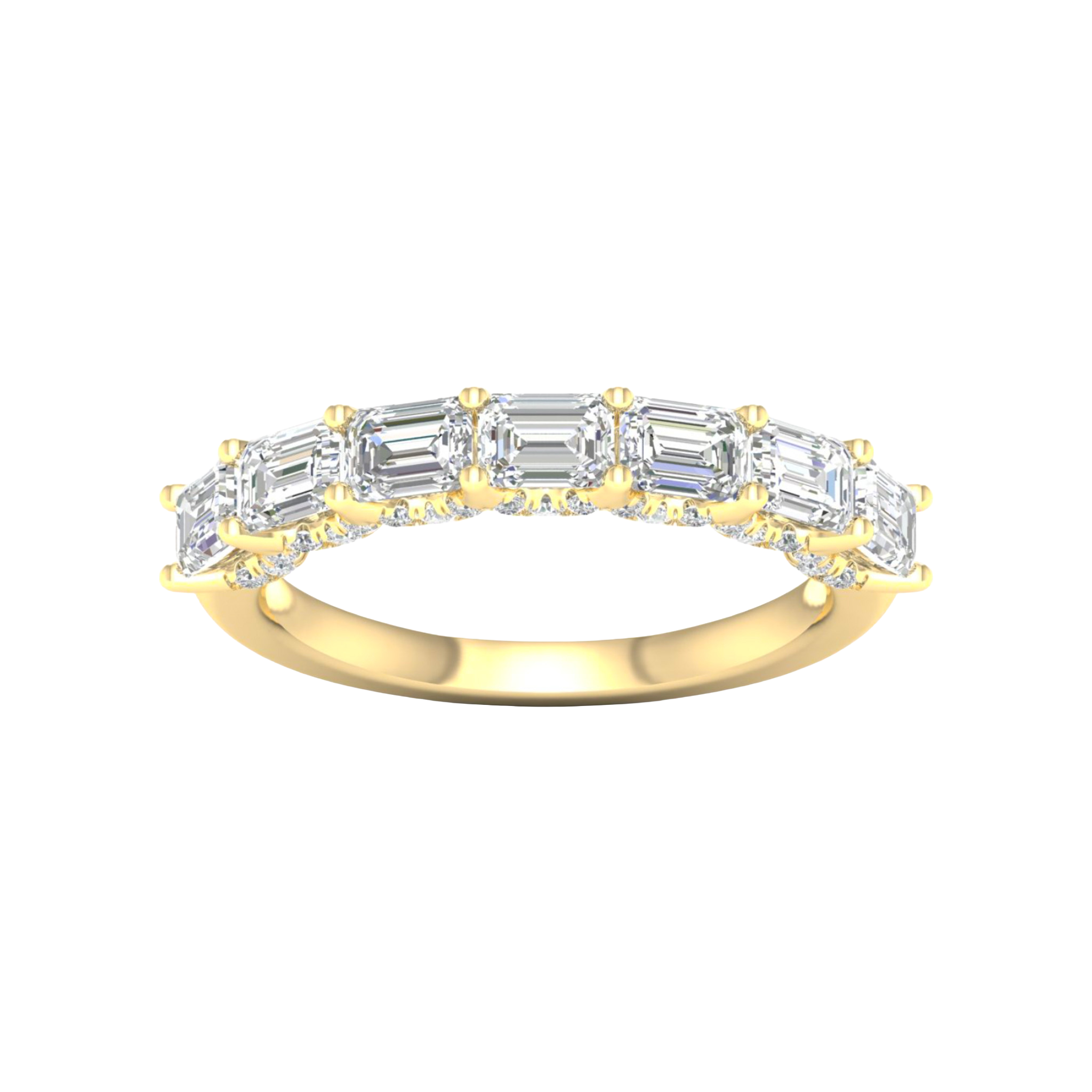 A top-down view of a 14K yellow gold eternity band with a continuous row of horizontally-set pavé jewels.
