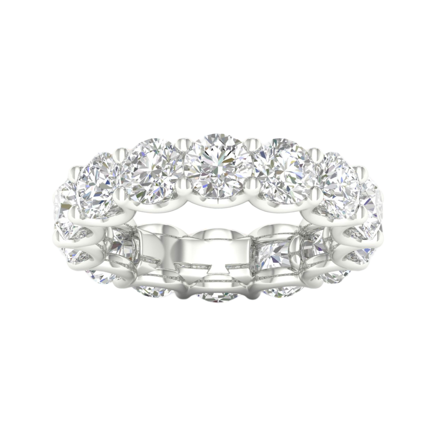A top-down view of a 14K white gold wide band ring with a continuous row of large, bezel-set round jewels.