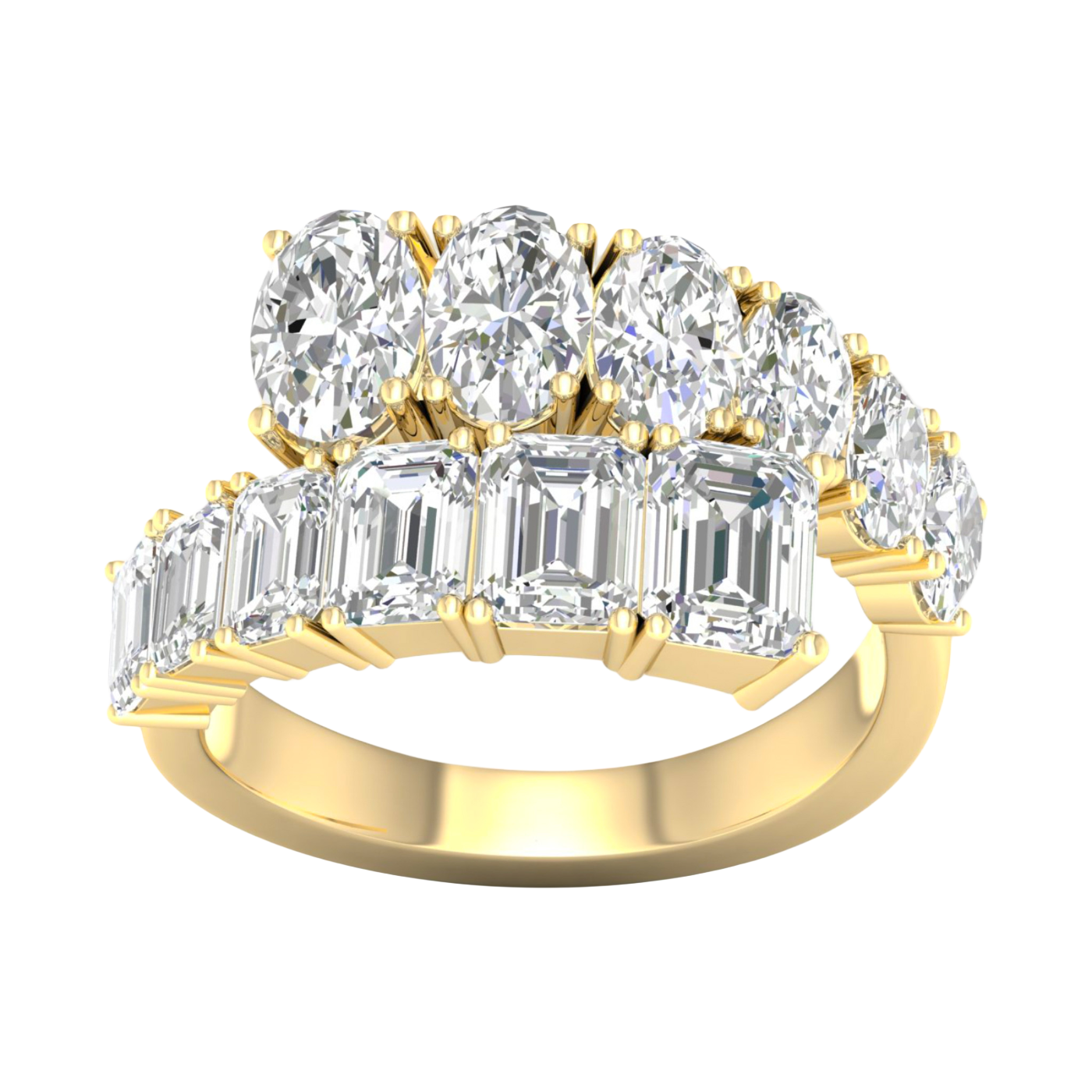 A top-down view of a 14K yellow gold ring with a large, asymmetrical cluster of pear and baguette diamonds.