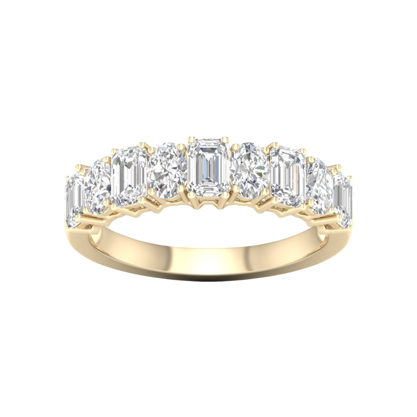 A top-down view of a 14K yellow gold eternity band with a continuous row of horizontally-set rectangular jewels.