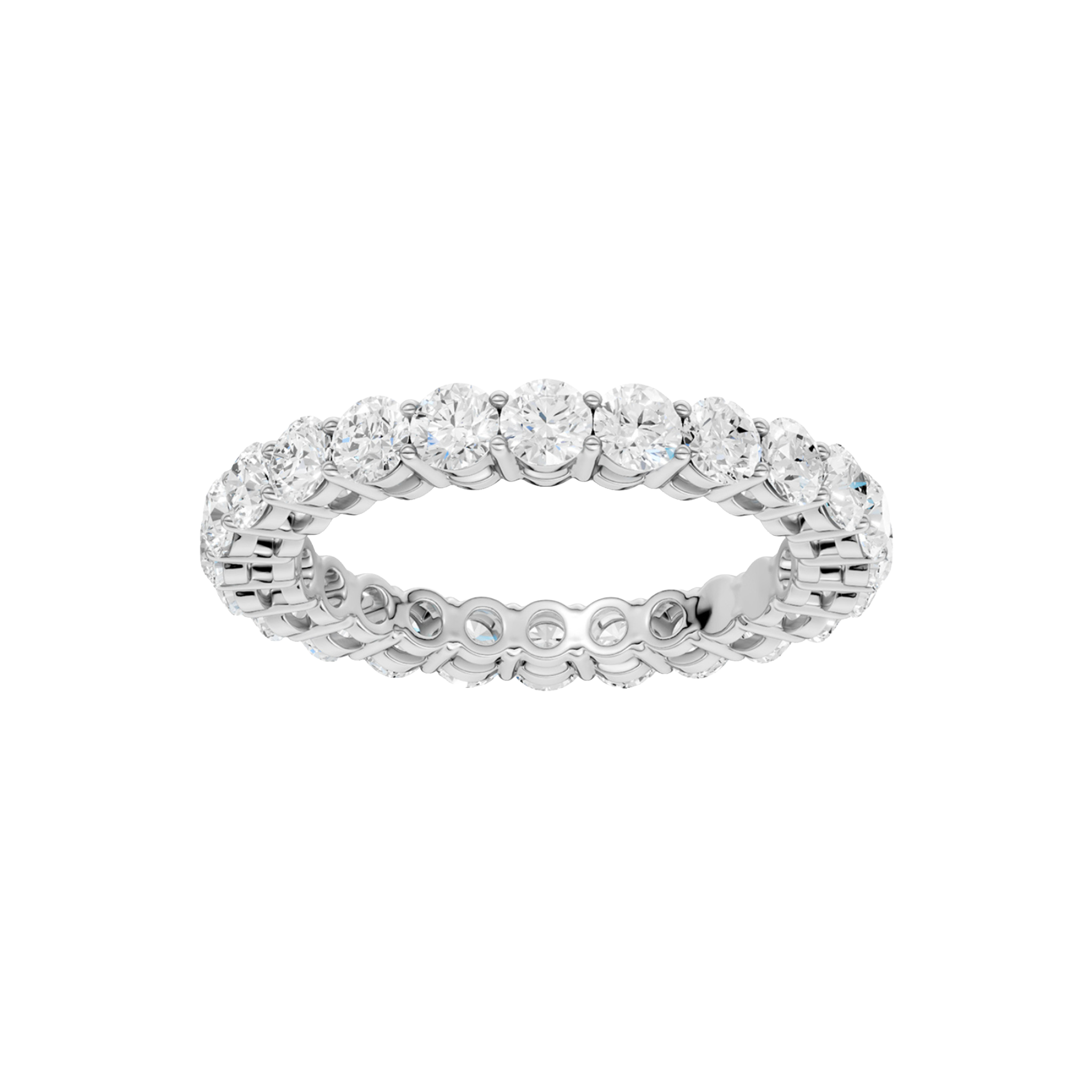 A top-down view of a 14K white gold eternity band with a continuous line of brilliant oval jewels.