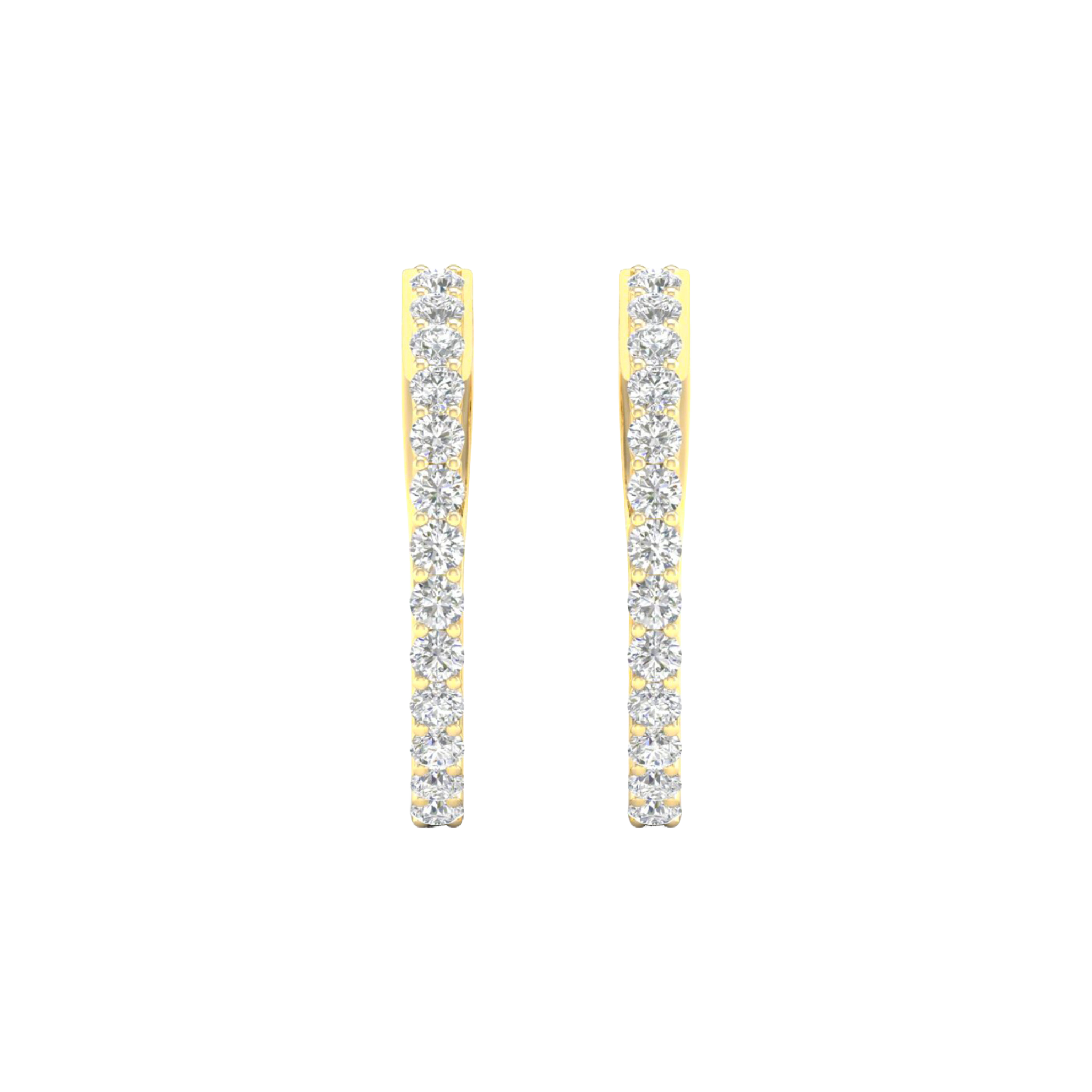 A pair of 14K yellow gold hoop earrings with a continuous line of pavé diamonds on the outer circumference, shown from the front.