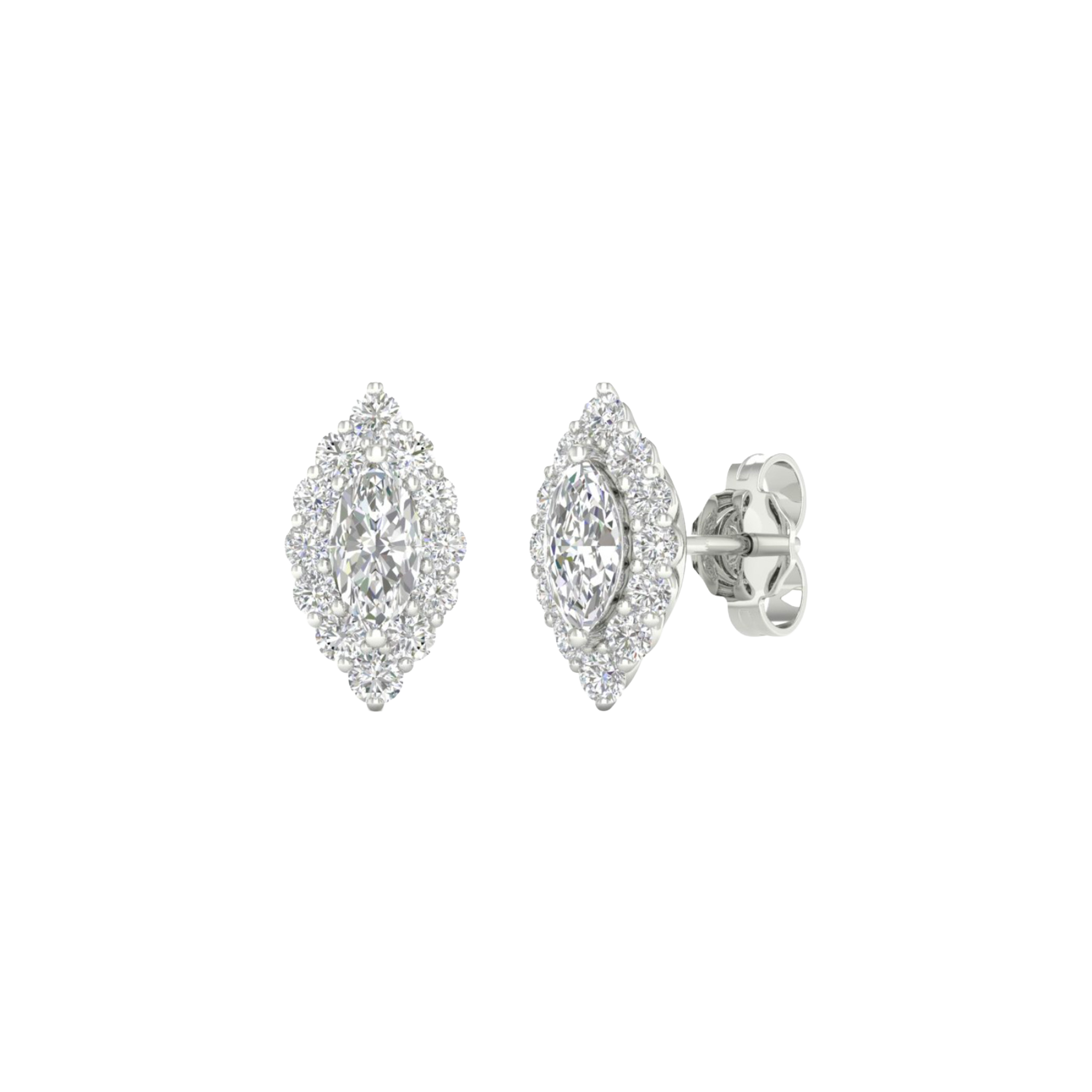 An angled view of a pair of 14K white gold stud earrings, showcasing the ornate diamond cluster and halo.