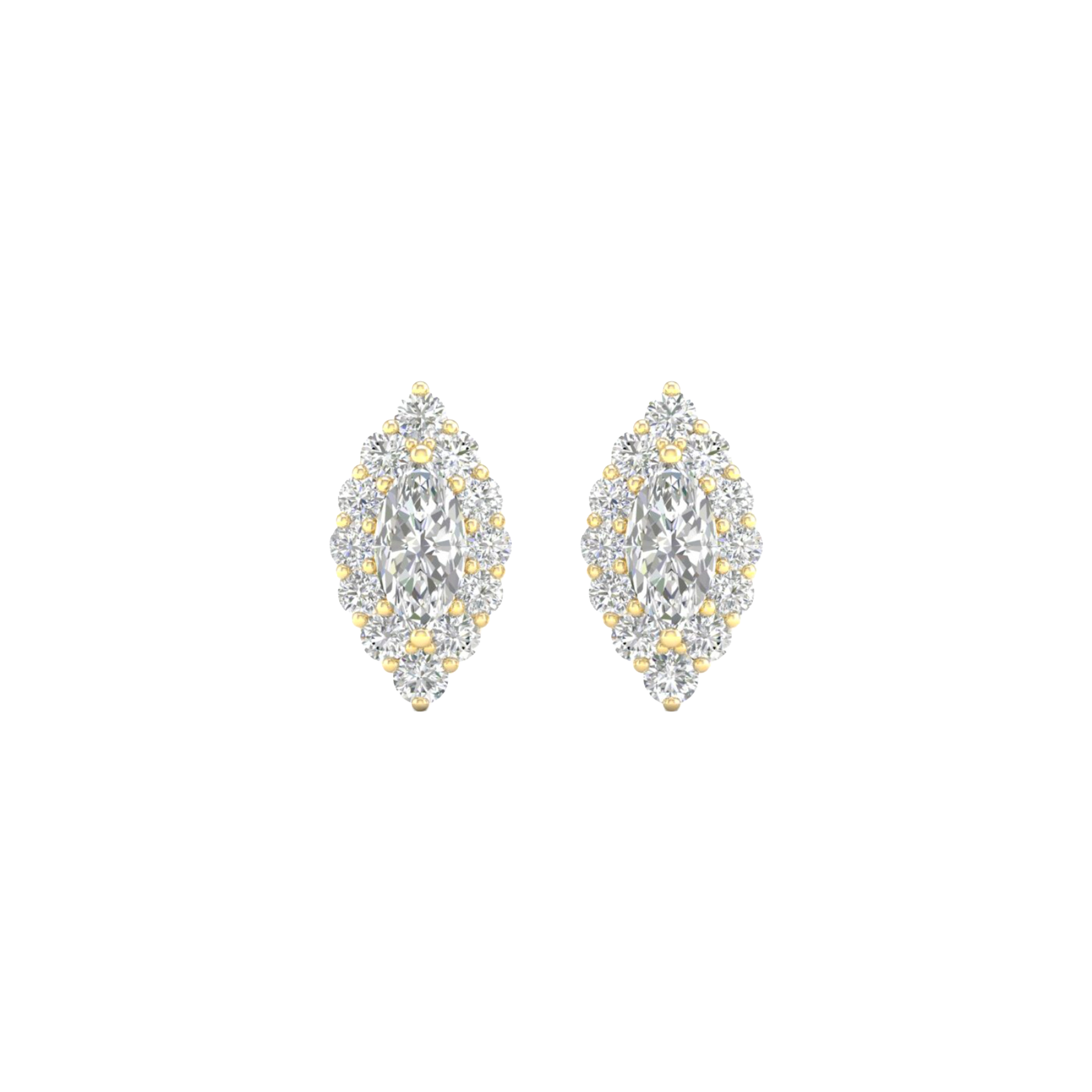 A pair of 14K yellow gold stud earrings with a marquise-shaped cluster of diamonds and a halo, shown from the front.