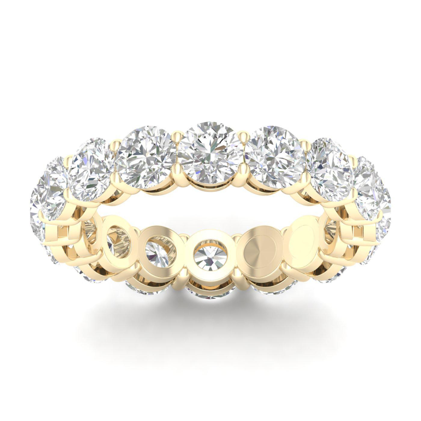 A top-down view of a 14K yellow gold eternity band with a continuous line of large, brilliant oval jewels.