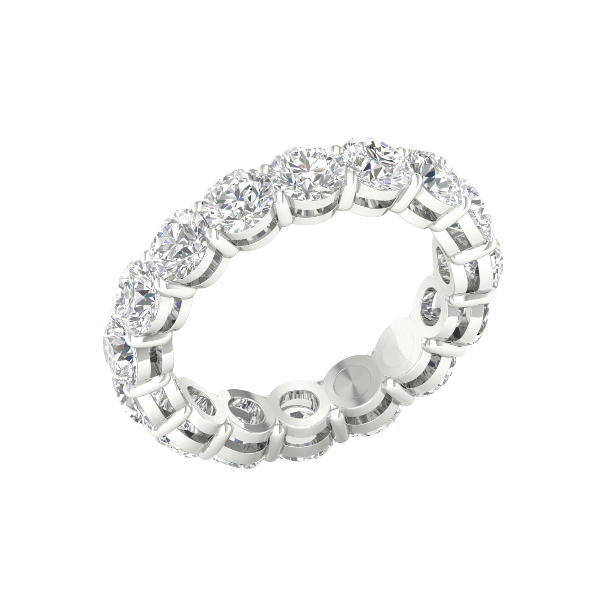 A angled-profile view of a 14K white gold eternity band, showcasing the substantial size and elevated settings of the oval jewels.