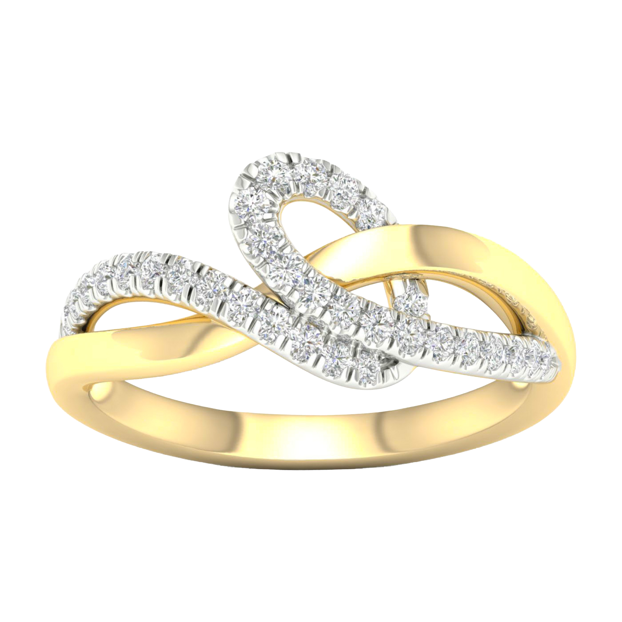 A top-down view of a 14K yellow gold braided ring with a continuous pavé diamond design.
