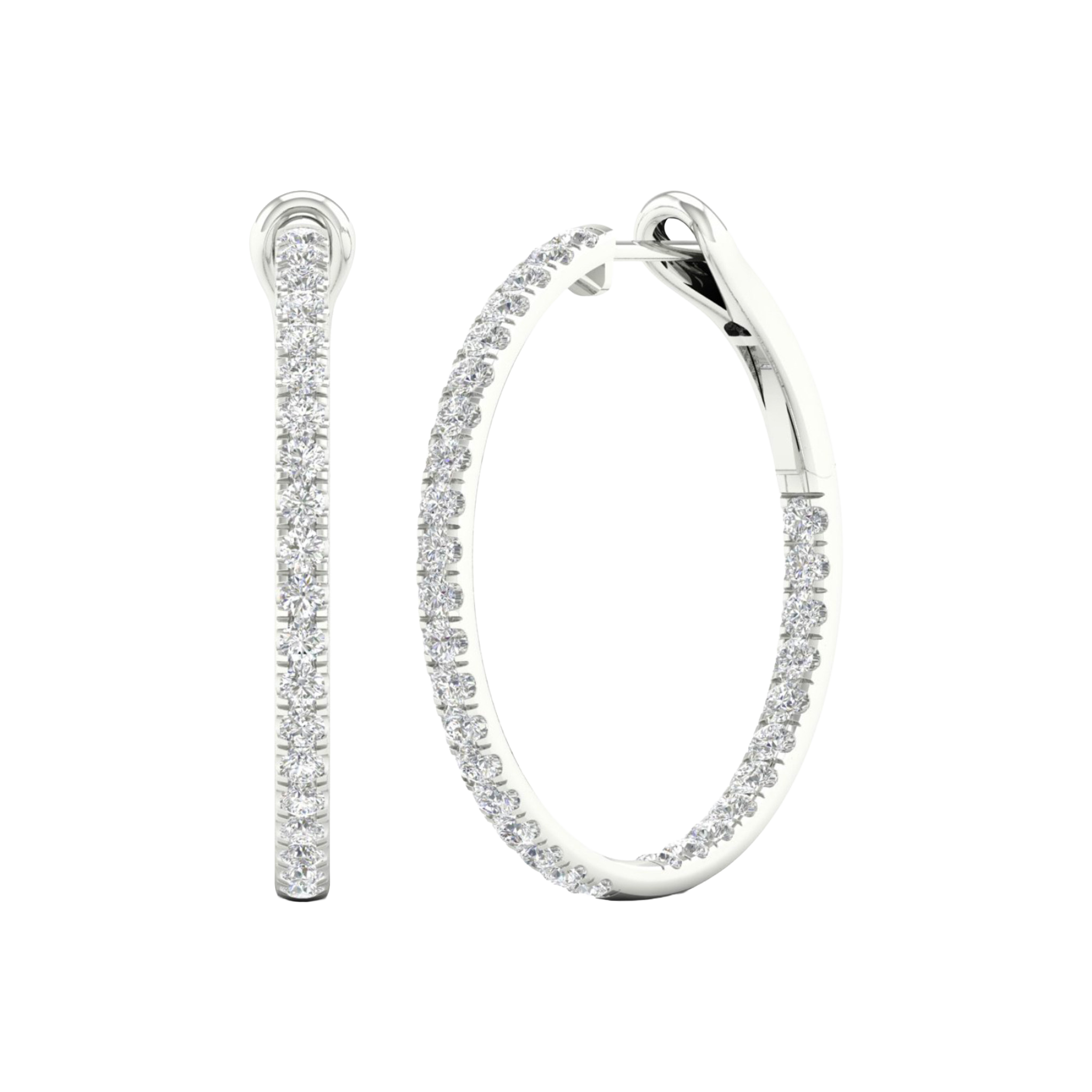 An angled view of a pair of 14K white gold large hoop earrings, highlighting the all-around sparkle from the continuous line of diamonds.