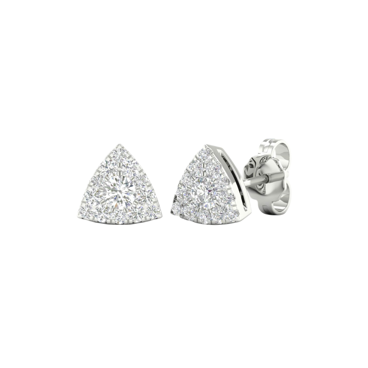 An angled view of a pair of 14K white gold stud earrings, showcasing the pavé diamonds and the clean triangular shape.