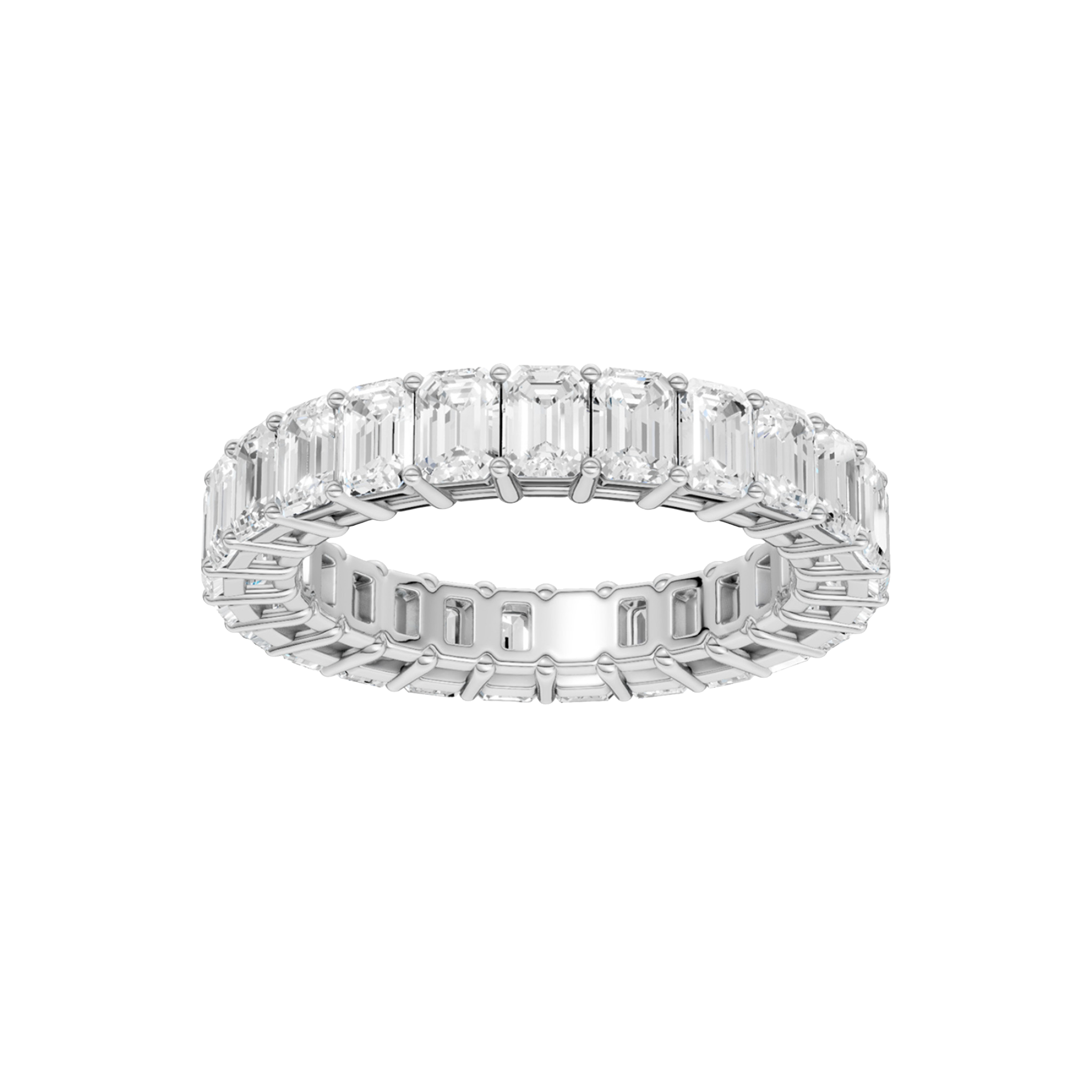 A top-down view of a 14K white gold eternity band with a continuous line of bold, horizontally-set rectangular jewels.