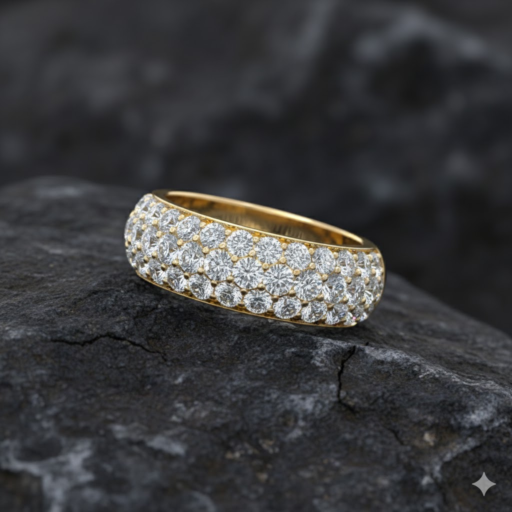 A top-down view of a 14K yellow gold wide band ring with a geometric pattern of princess-cut and pavé diamonds atop rock.