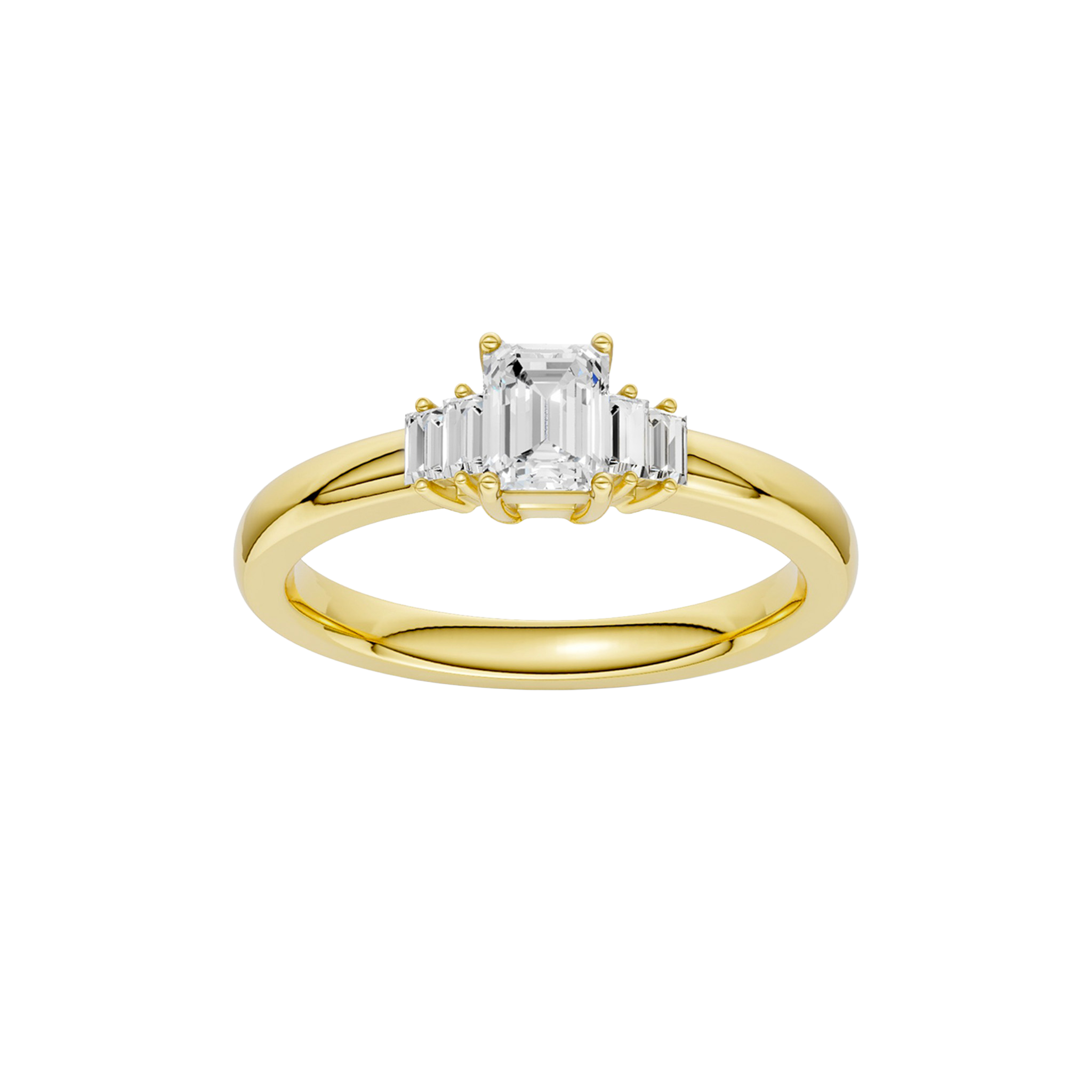 A top-down view of a 14K yellow gold ring with a central rectangular jewel and two smaller round gems on the sides.