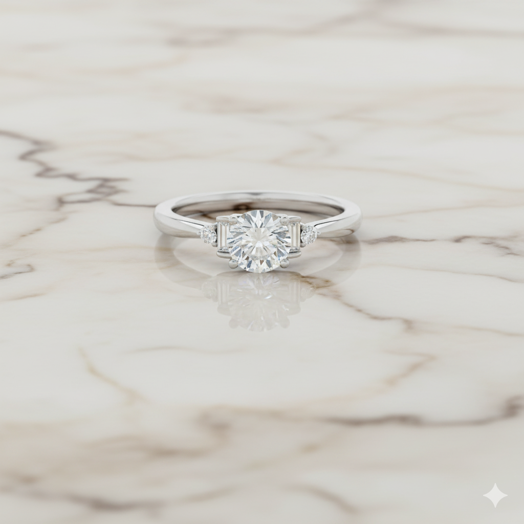 A top-down view of a 14K white gold ring with a central round jewel and two smaller round gems on the sides on a marble background.