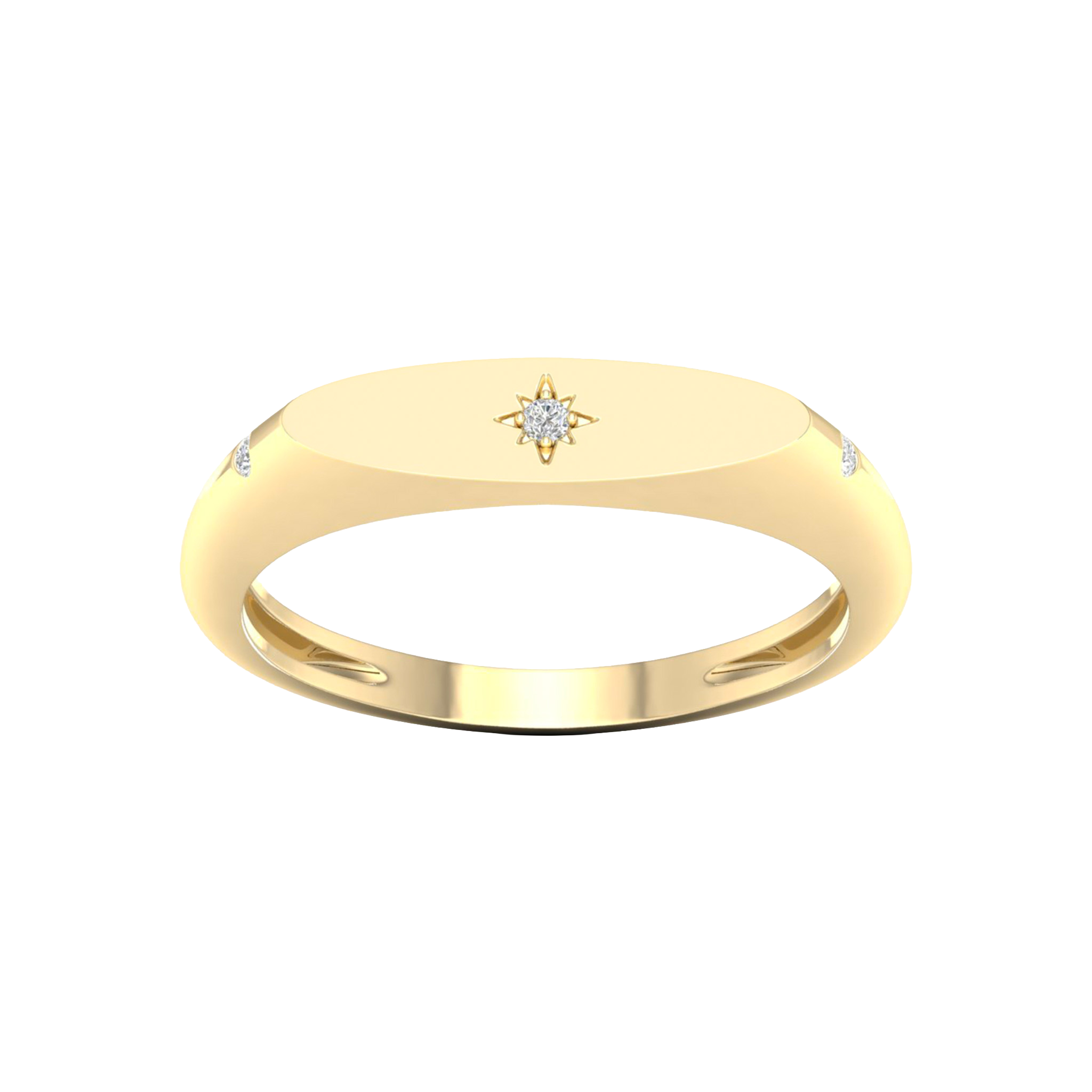 A top-down view of a 14K yellow gold signet ring with a round jewel and a sunburst motif.