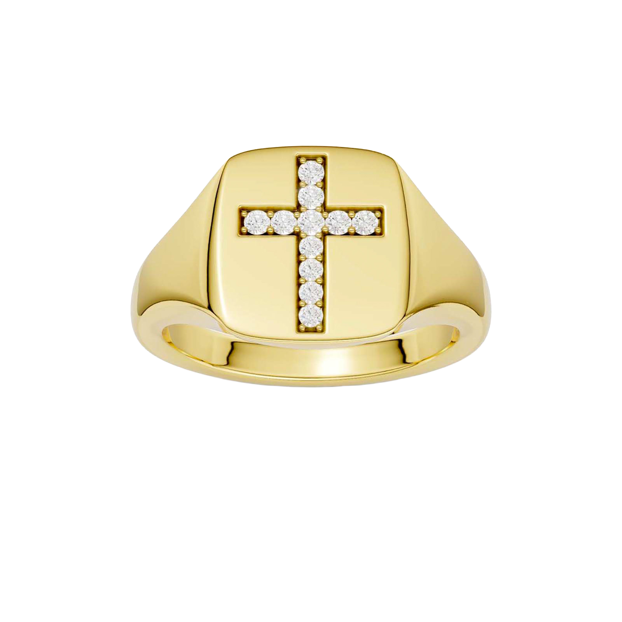 A top-down view of a 14K yellow gold signet ring with a central cross motif paved with round jewels.