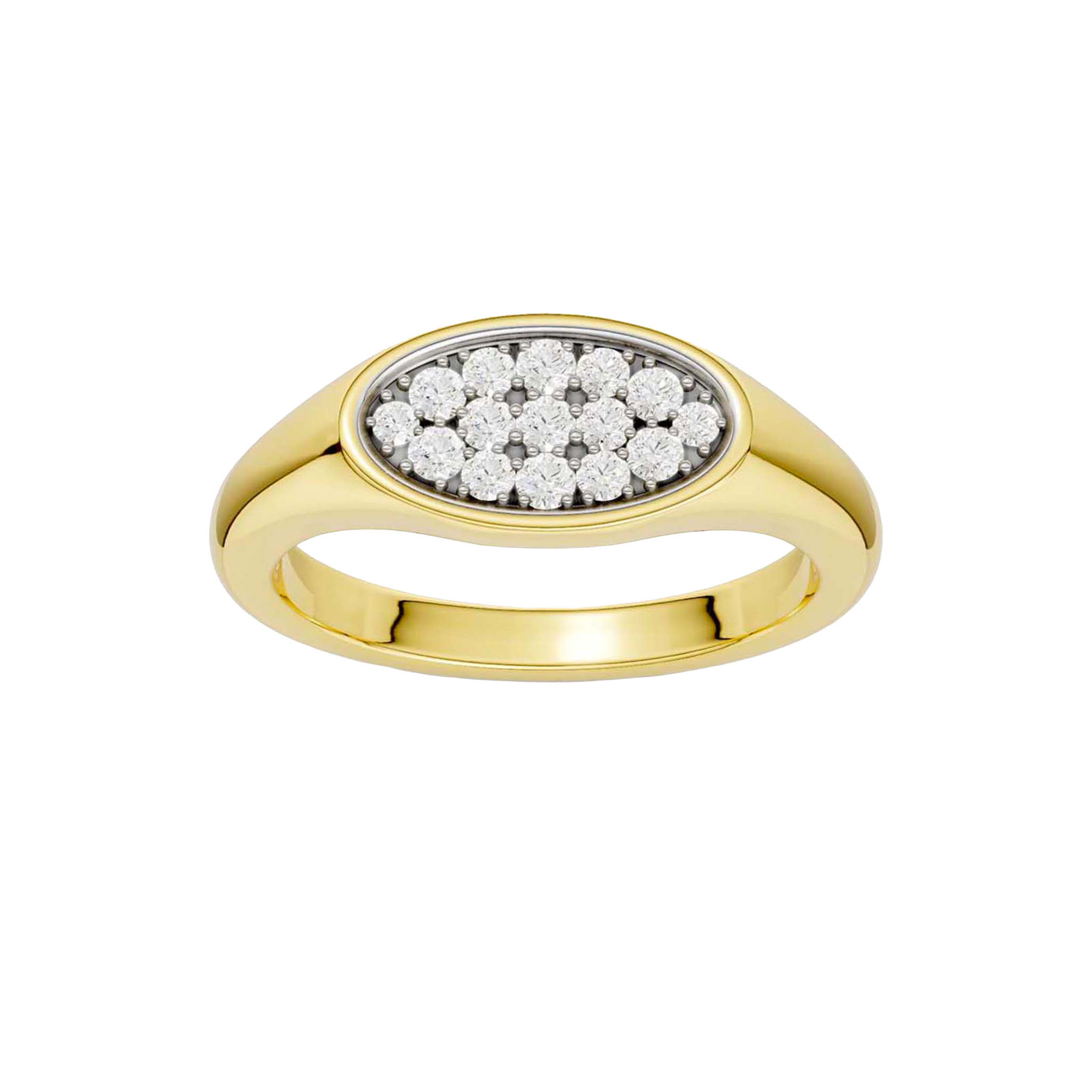 A top-down view of a 14K yellow gold oval signet ring with a continuous line of pavé diamonds.