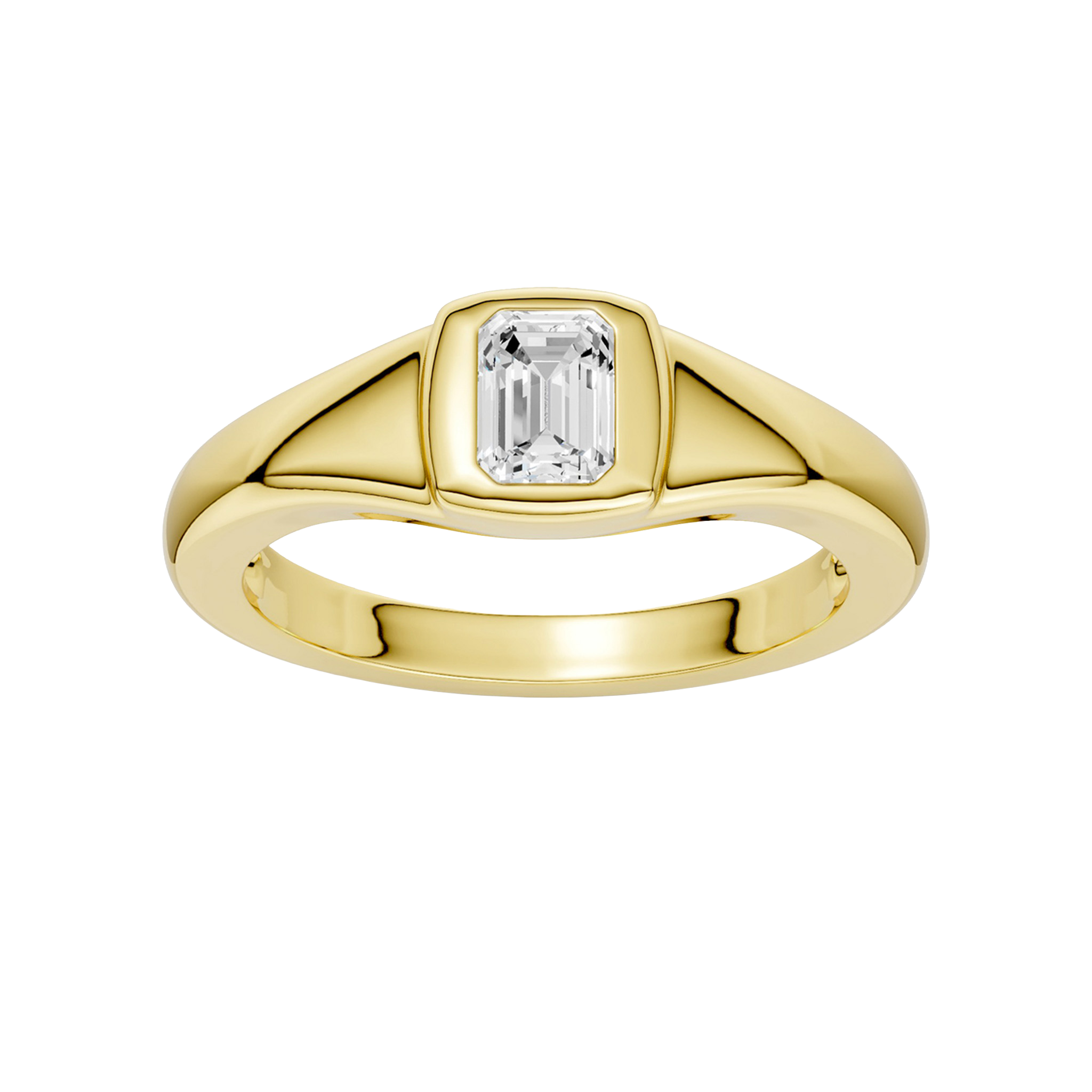 A top-down view of a 14K yellow gold solitaire ring with a single, horizontally-set rectangular jewel in a sleek, curving band.