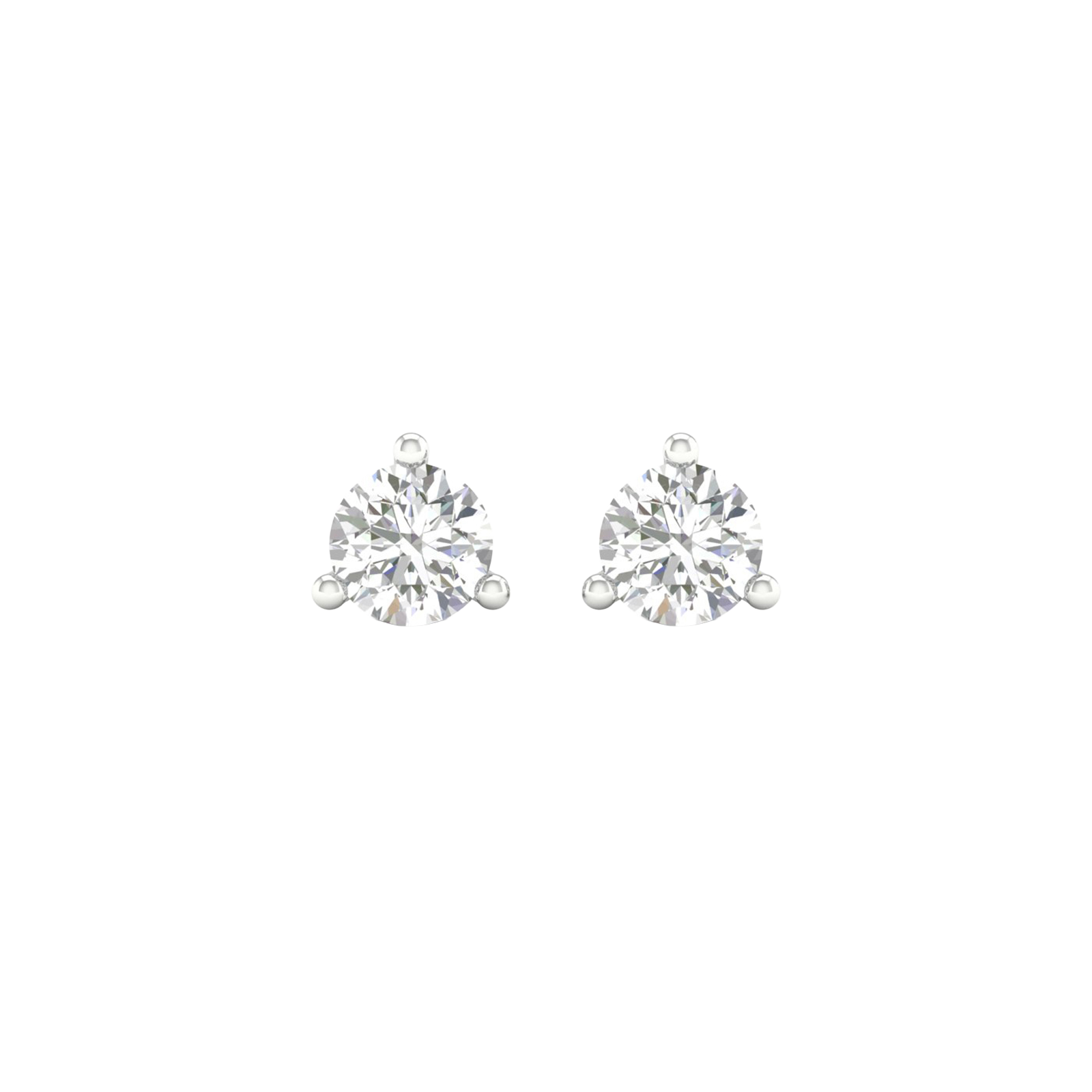 A pair of 14K white gold three-prong diamond stud earrings, shown from the front.