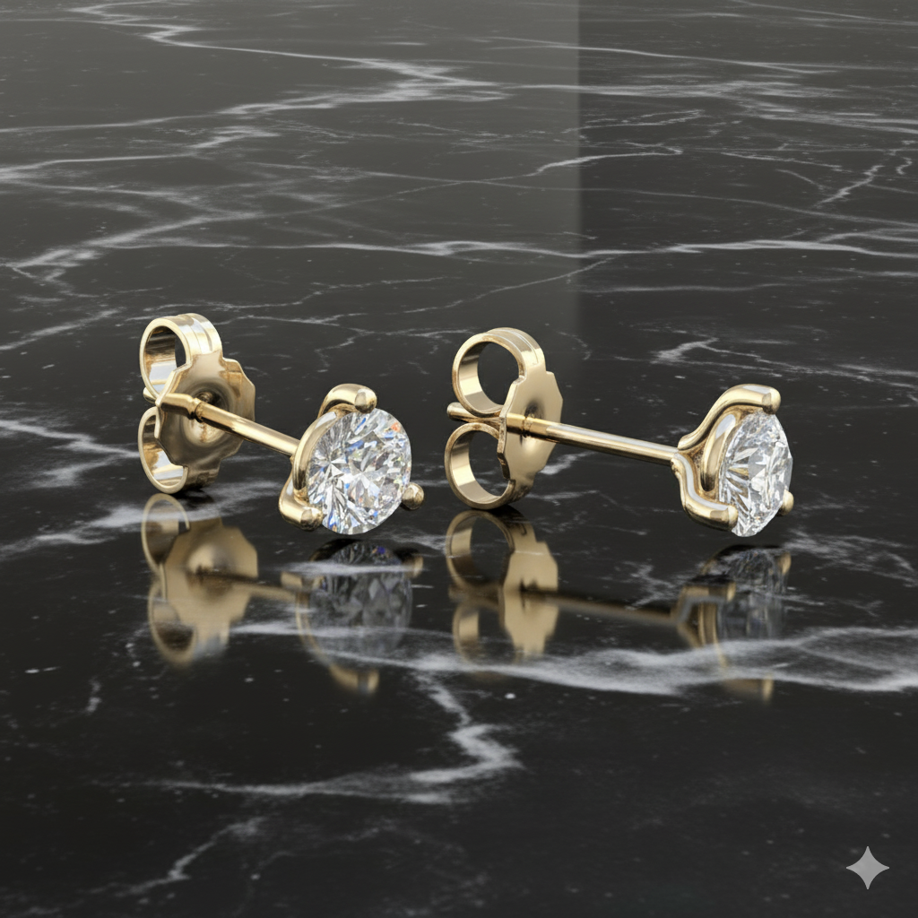 A pair of 14K yellow gold three-prong diamond stud earrings, shown from a side profile on marble.