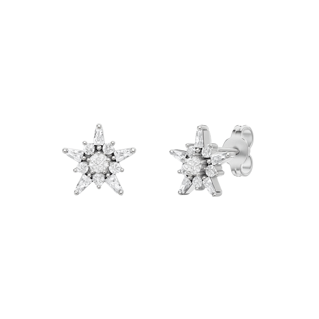 A pair of 14K white gold stud earrings with a starburst design, featuring blue baguettes and gold beads, shown from the front.