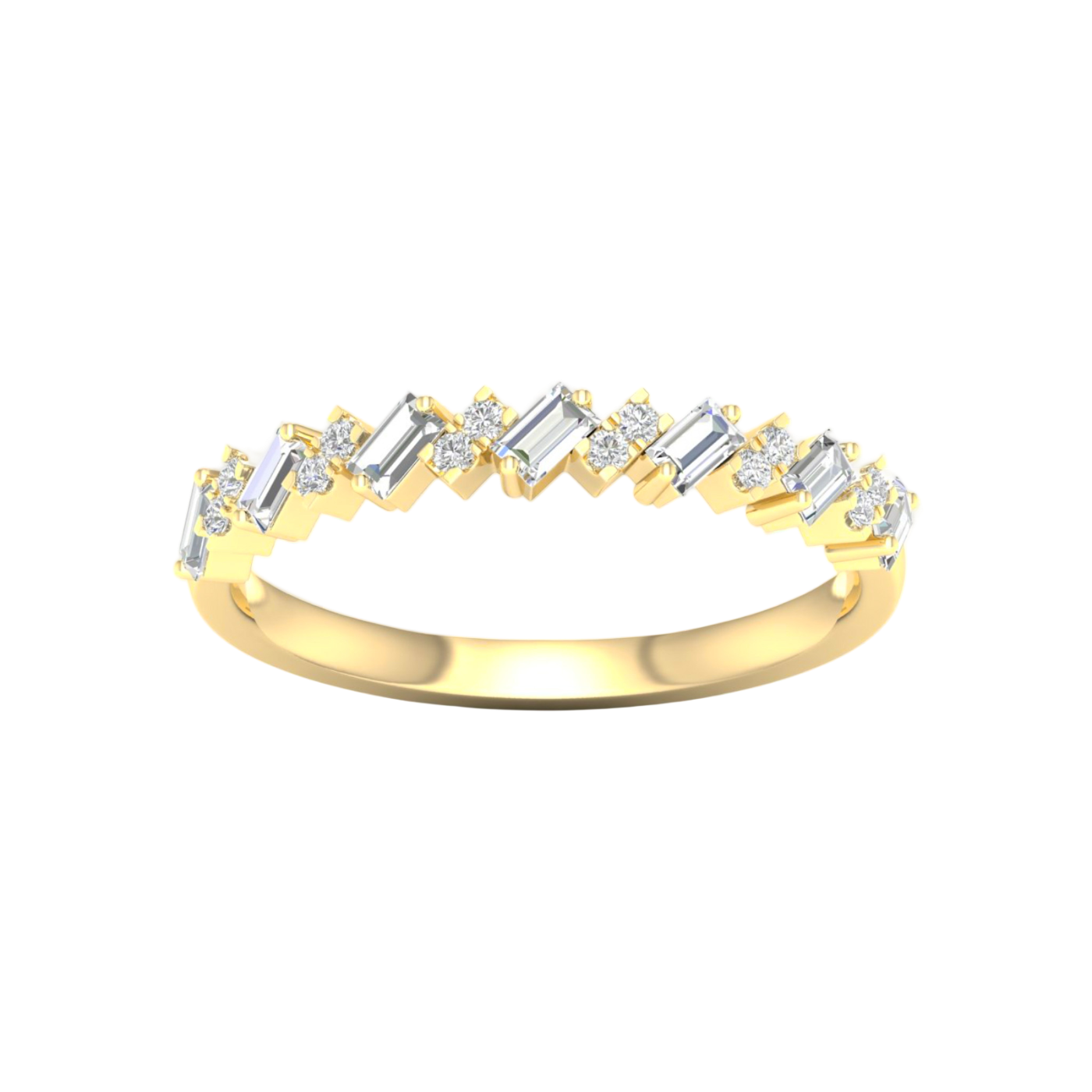 A top-down view of a 14K yellow gold band ring with an alternating pattern of baguette and round diamonds.