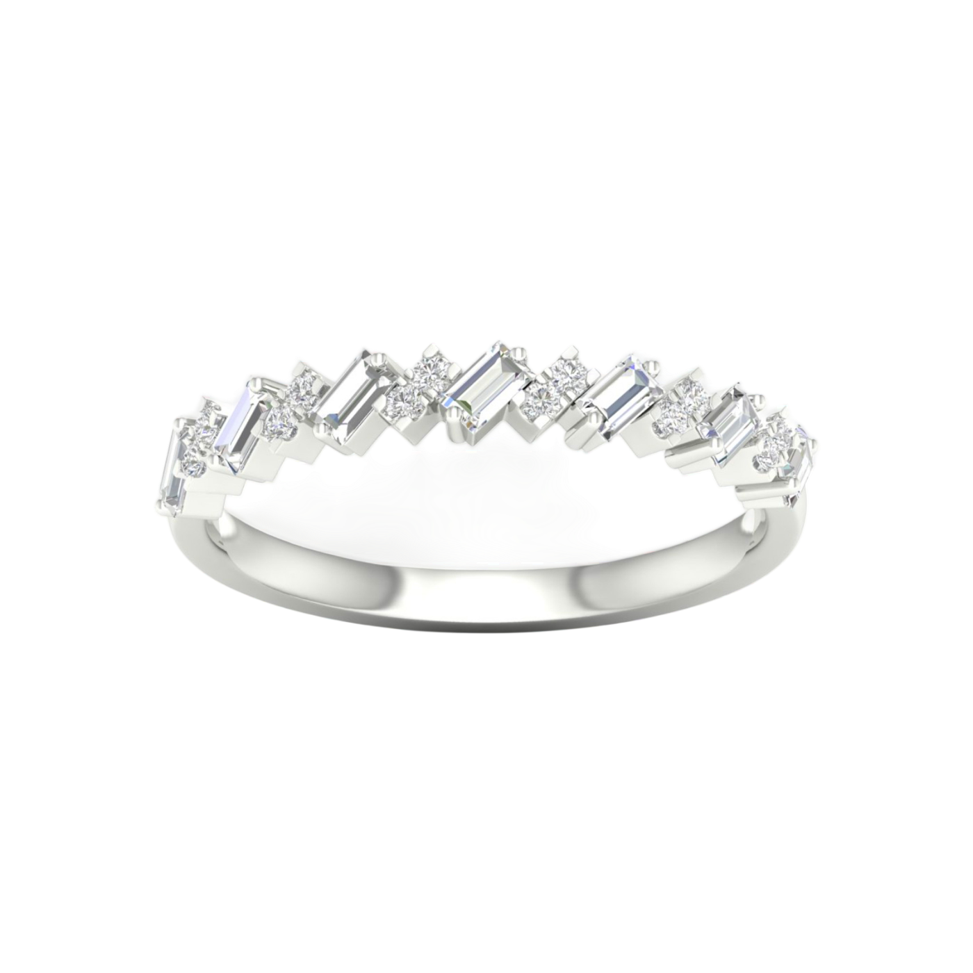 A top-down view of a 14K white gold band ring with an alternating pattern of baguette and round diamonds.