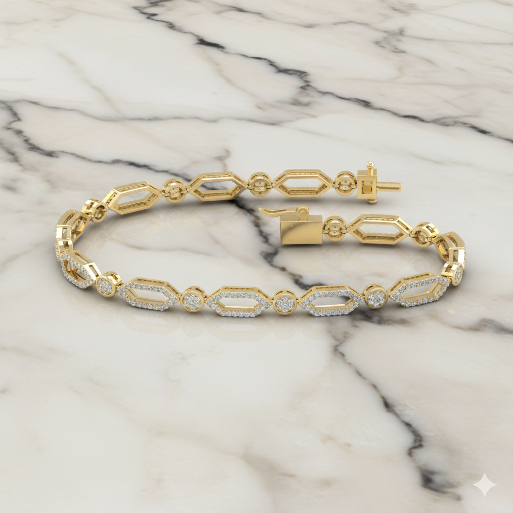 A full top-down view of a 14K yellow gold geometric bracelet, coiled to show the repeating pattern of interlocking links on a marble background.