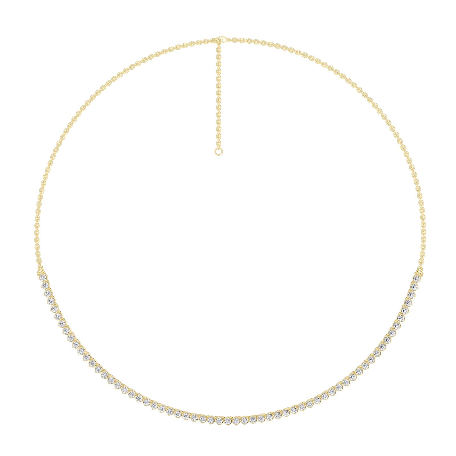 A full view profile of the 14K yellow gold lab grown diamond tennis necklace, showcasing its continuous line of diamonds.