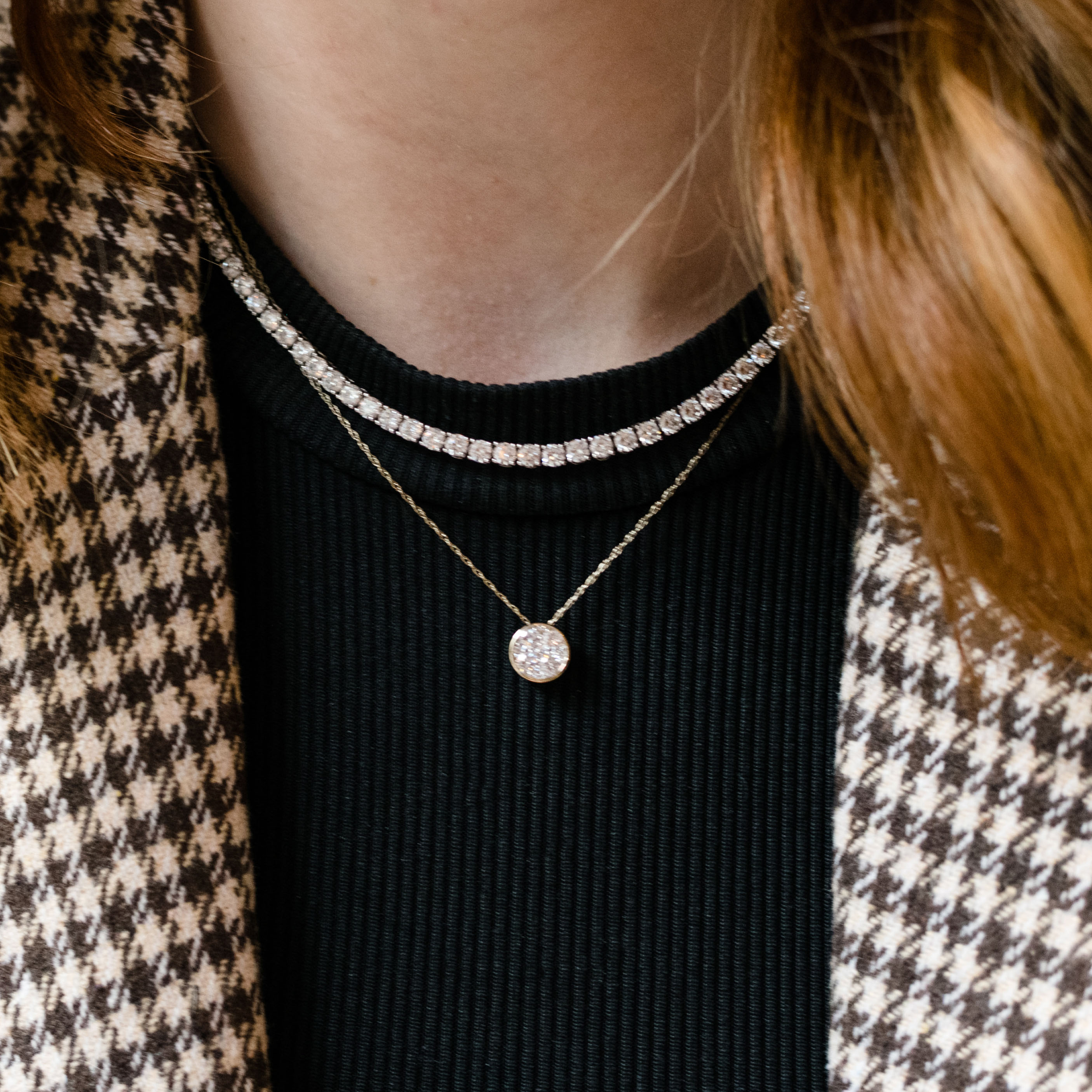 A full view profile of the 14K white gold lab grown diamond choker, showing its luxurious length on a model.