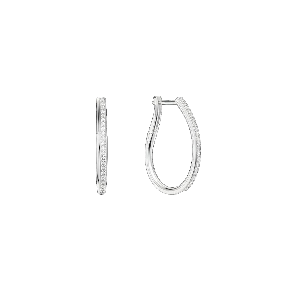 A front and side profile of the 14K white gold oval diamond hoops, emphasizing the continuous diamond setting and overall shape.