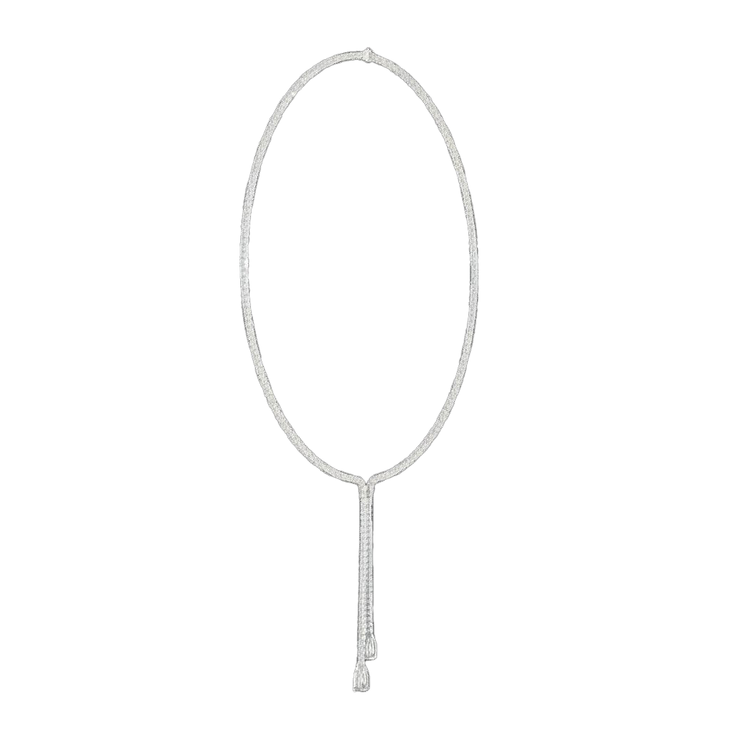 A full top-down view of the 14K white gold necklace, laid flat to display the bold Y-shaped silhouette.