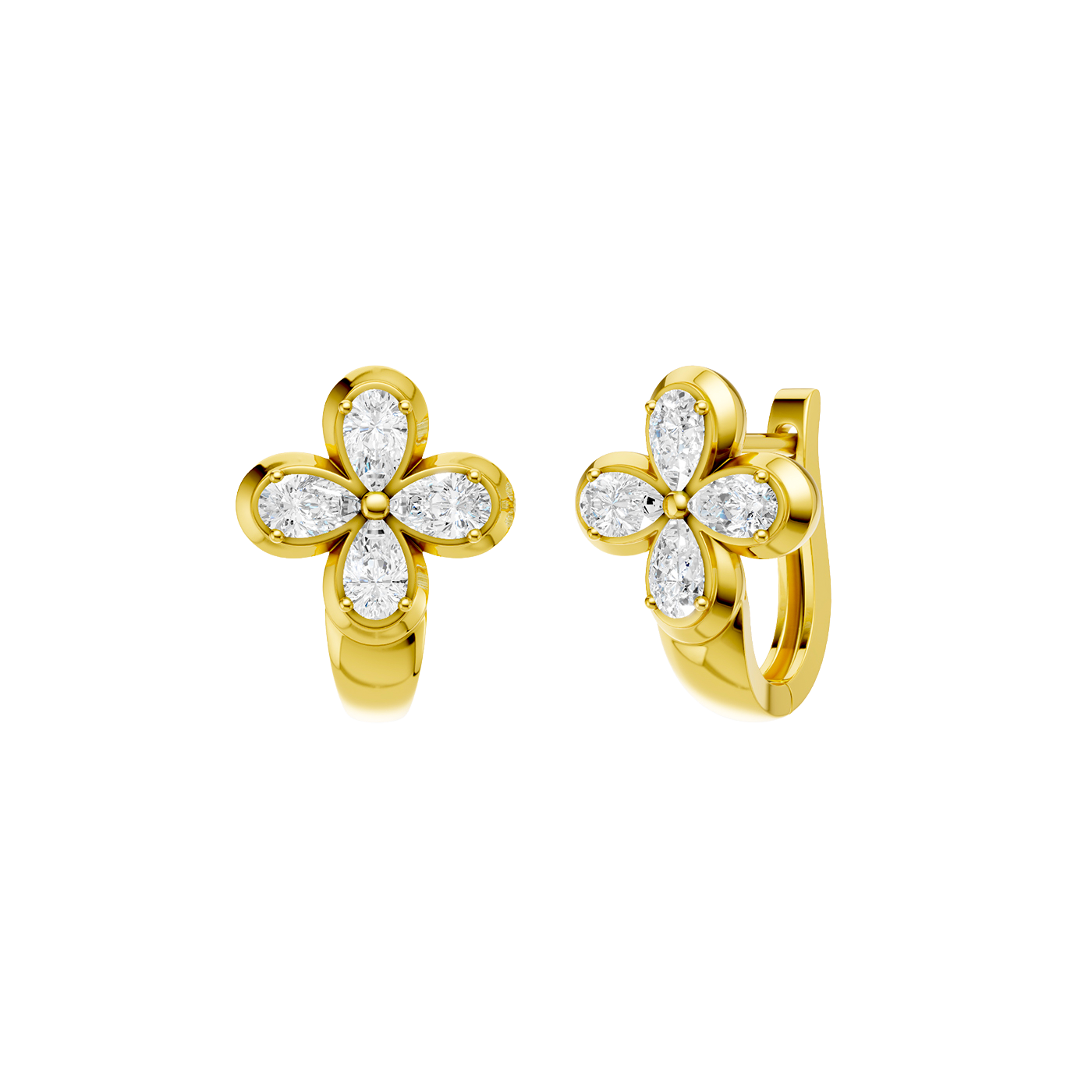 Angled view of yellow gold floral diamond huggie earrings highlighting warm gold tones, dimensional flower detailing, and diamond sparkle.