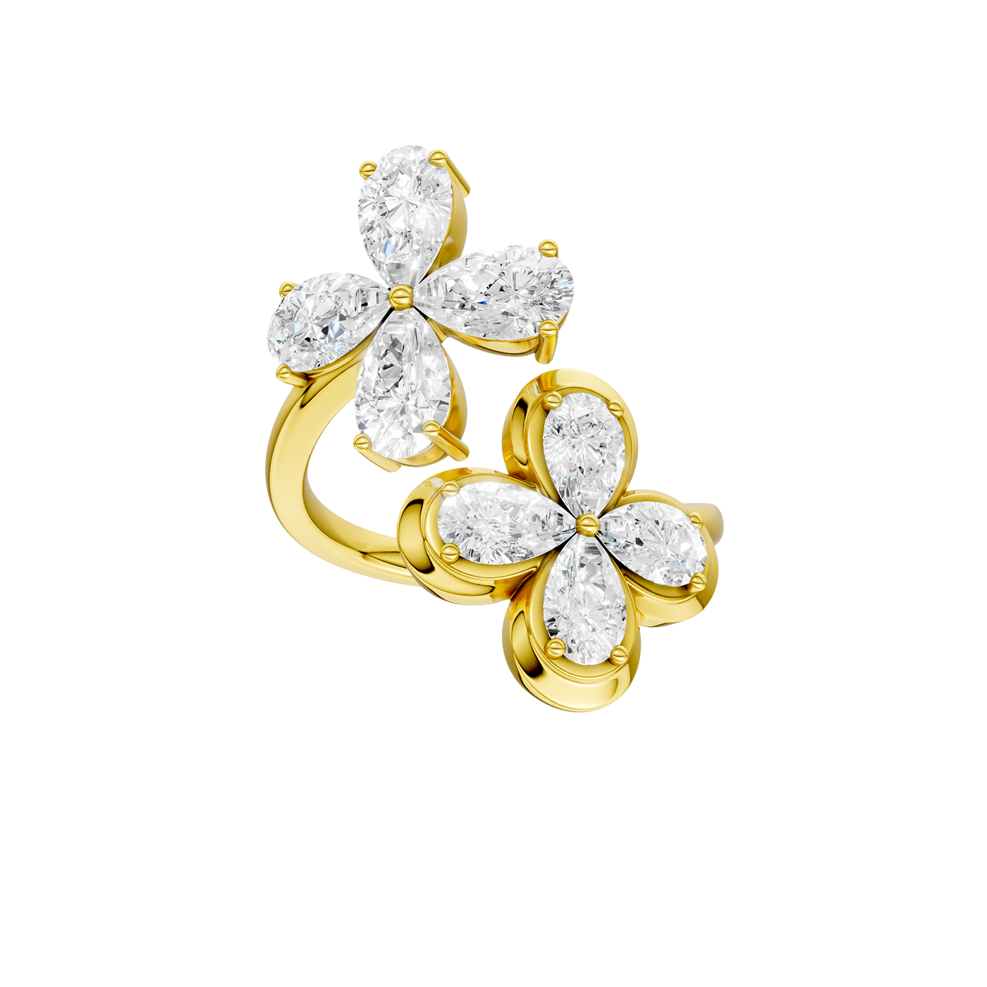 Top down view of a yellow gold floral diamond ring showcasing marquise-cut white diamonds arranged in a symmetrical flower pattern, highlighting the petal layout, diamond brilliance, and polished gold setting.