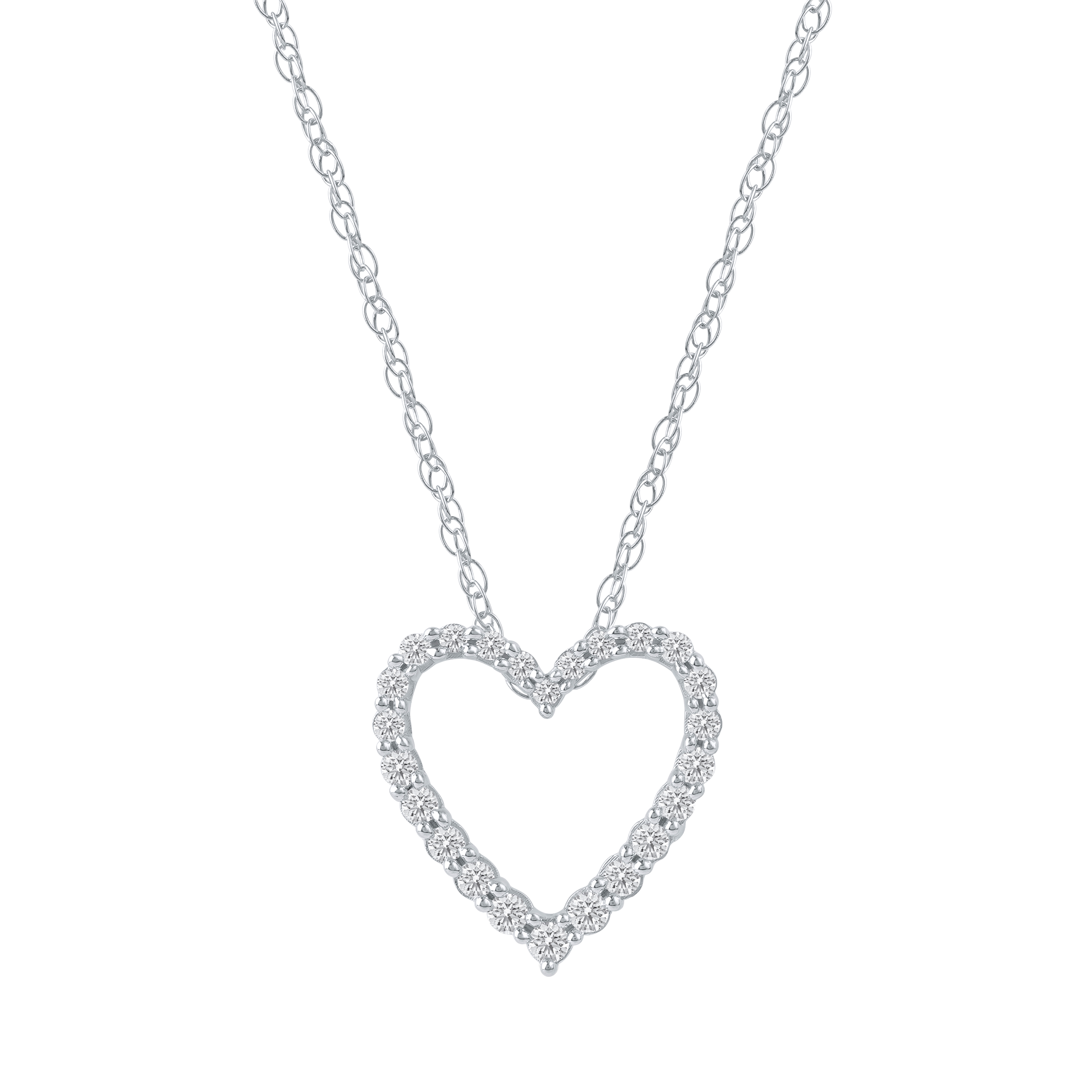 Zoomed in front view of a petite diamond heart pendant necklace in white gold, featuring a smaller open-heart silhouette outlined with brilliant-cut diamonds on a fine chain.