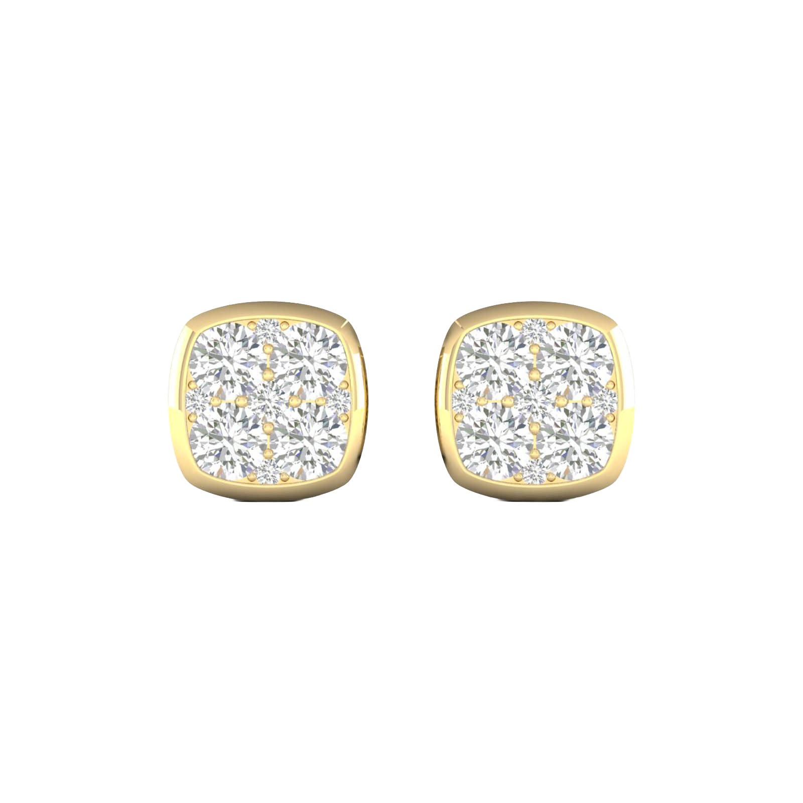Front view of cushion-shaped cluster diamond stud earrings in yellow gold, featuring brilliant-cut diamonds arranged in a soft square design with warm gold framing.